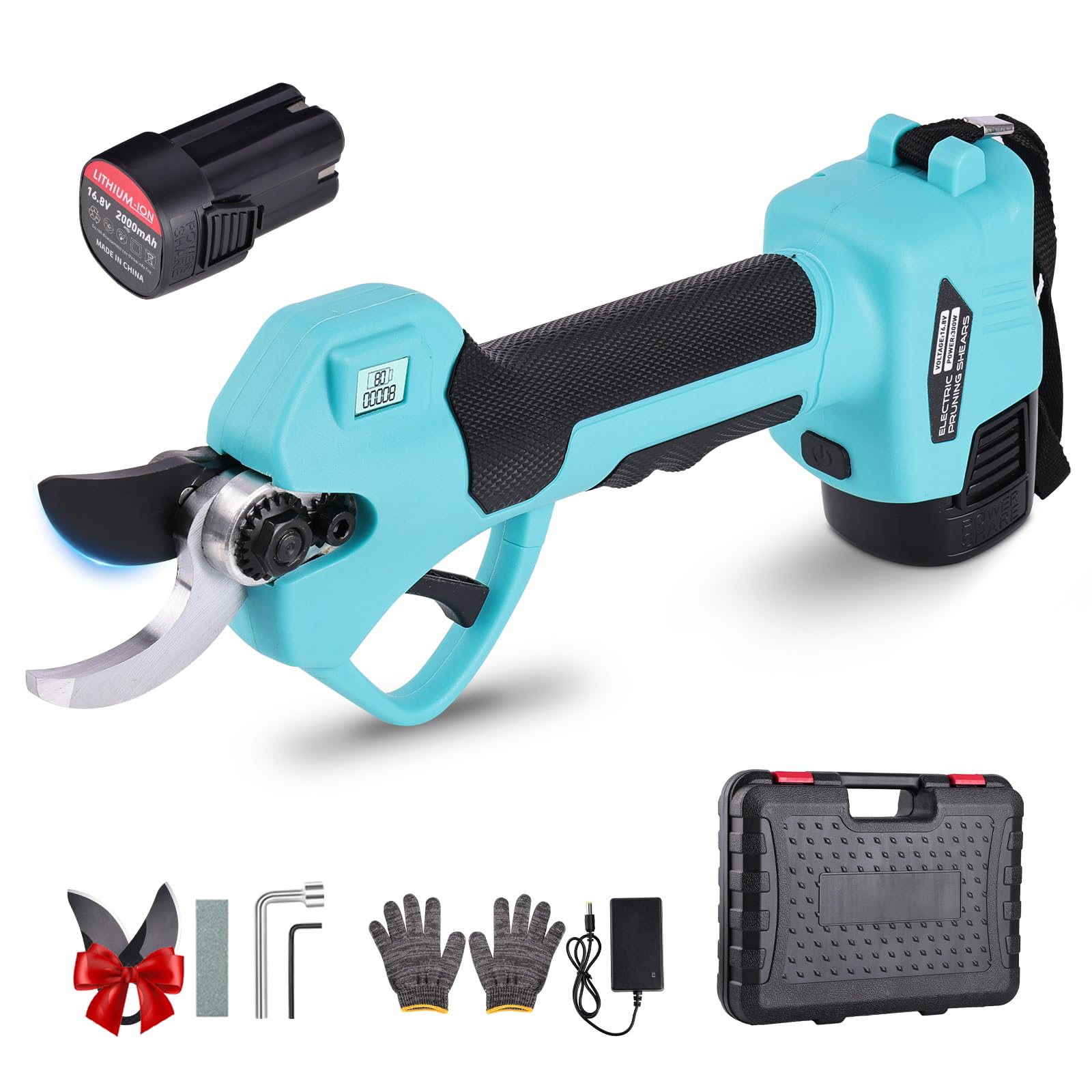 Sécateur Électrique Sans Fil, 35mm 2 Batteries 2.0Ah Sécateur à Batterie avec Moteur Brushless et Lames SK5 avec Revêtement PTFE pour Jardin Verger et Vigne Bleu