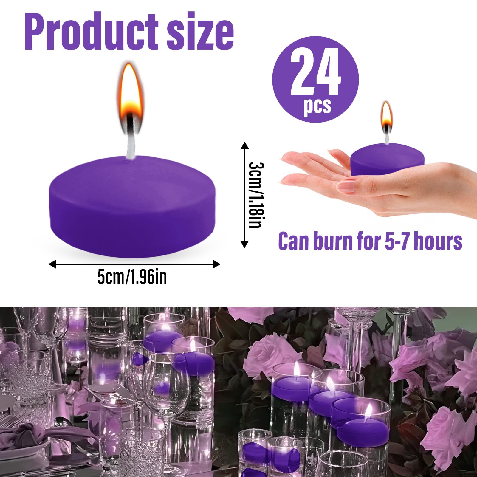24 candele galleggianti viola, 5 cm, senza profumo, per piscina di nozze, vasca da bagno di San Valentino, cena, decorazione natalizia (viola)