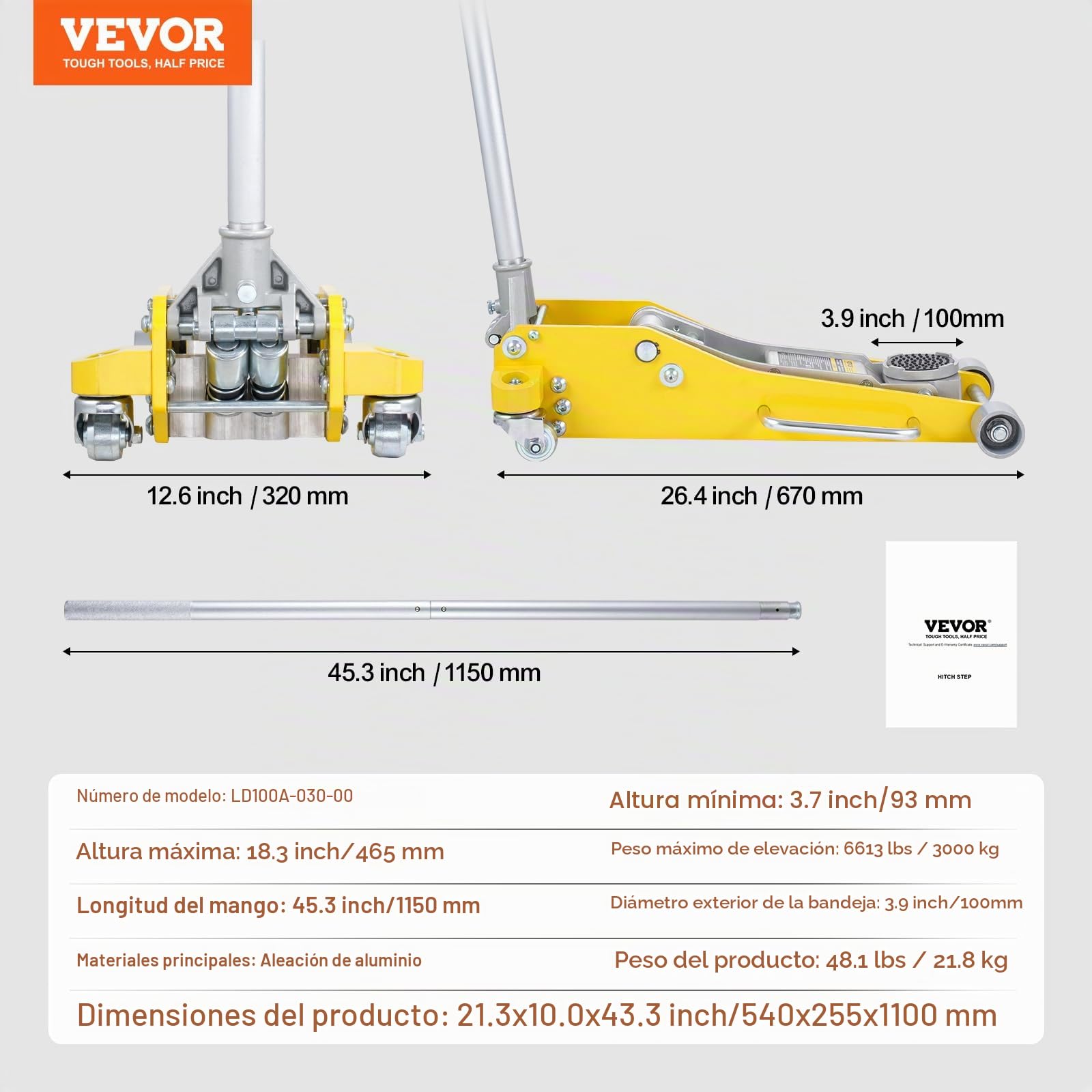VEVOR Gato hidráulico de Piso de Perfil bajo de 3 toneladas (6600 LB), de Aluminio Resistente, para Carreras, para automóvil, con Bomba de elevación rápida de Doble pistón