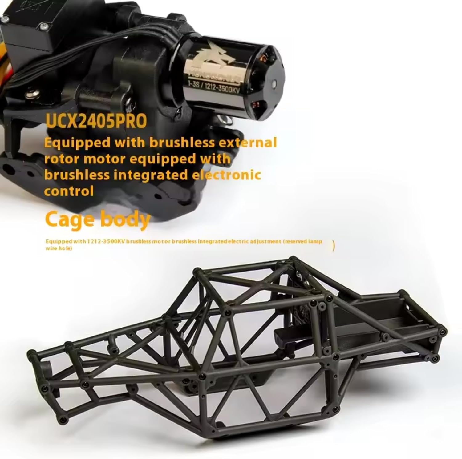 Close-up of the brushless motor and cage body of the UCX2405PRO RC car.