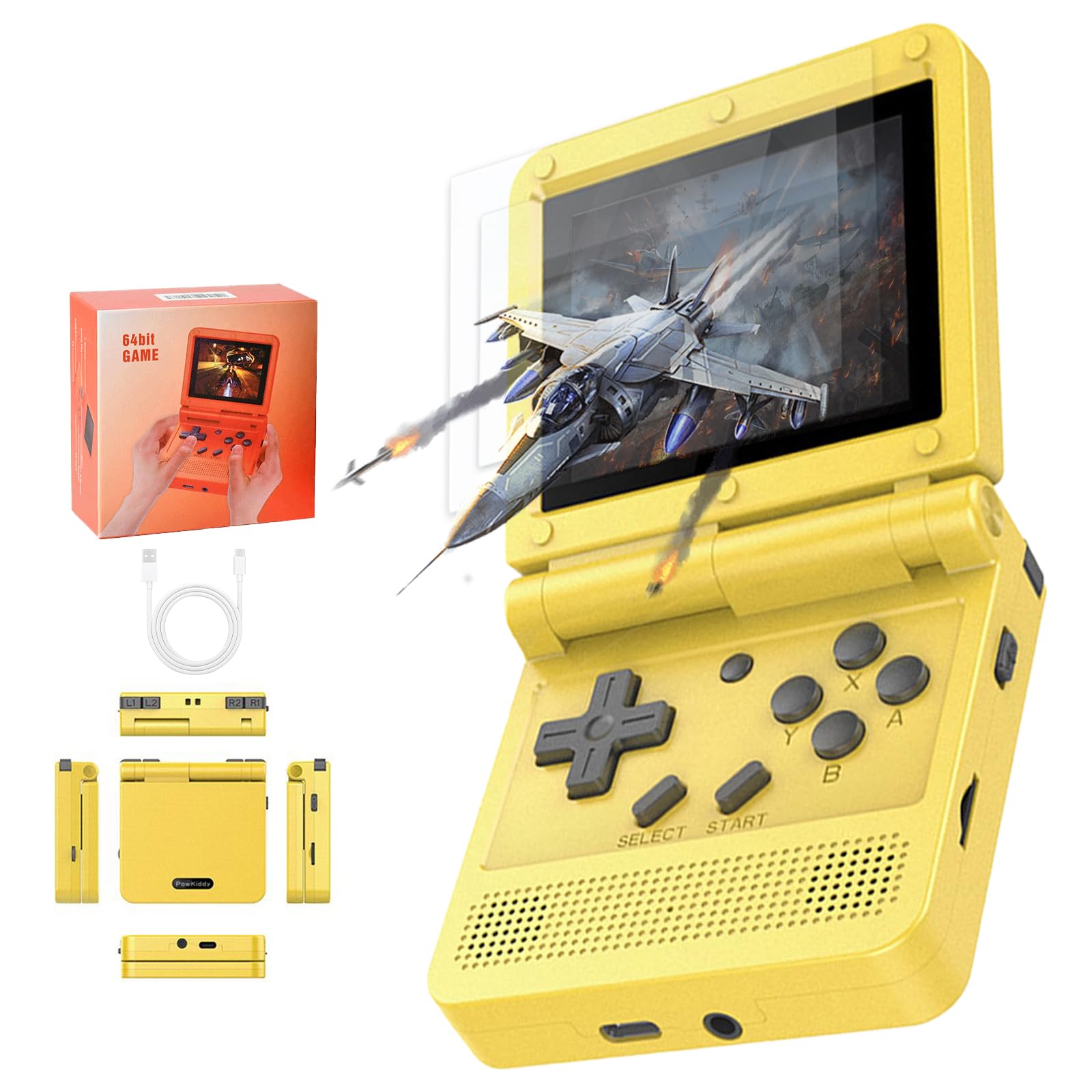 GoolRC Handheld Game Console 3-inch IPS Screen Open Flip Handheld Console with 16G TF Card Built in 2000 Games Portable Mini Retro Game Console Yellow
