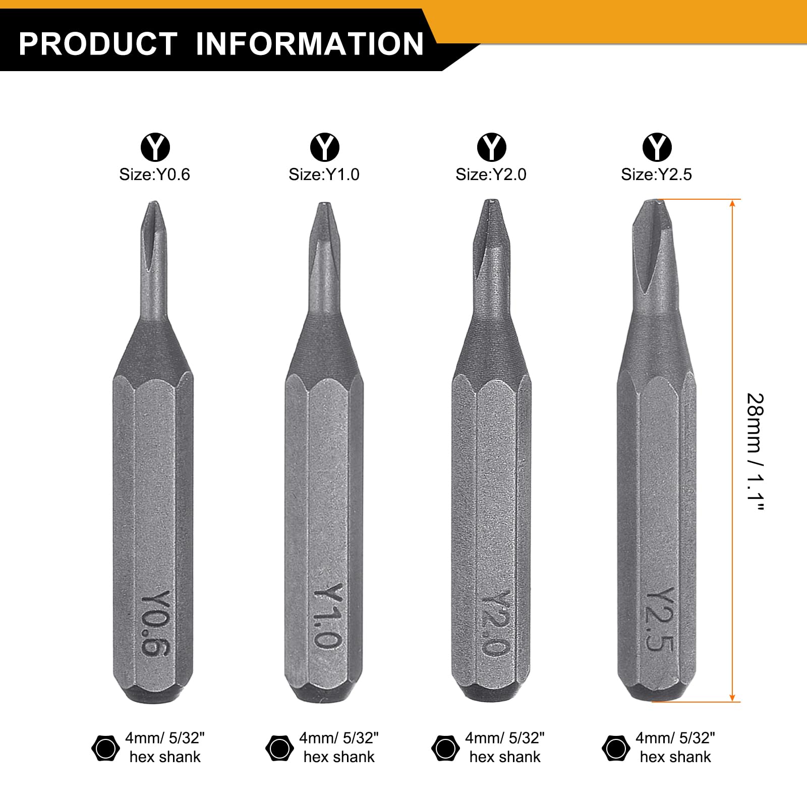 QUARKZMAN Set di 4 Punte Cacciavite a Tripla Ala Y0.6-Y2.5 5/32" Esagonale 28mm aimanté Testa a 3 Punti a Forma di Y Bits Esagonali in Acciaio S2 per Cacciavite Impatto Elettrico Utensile