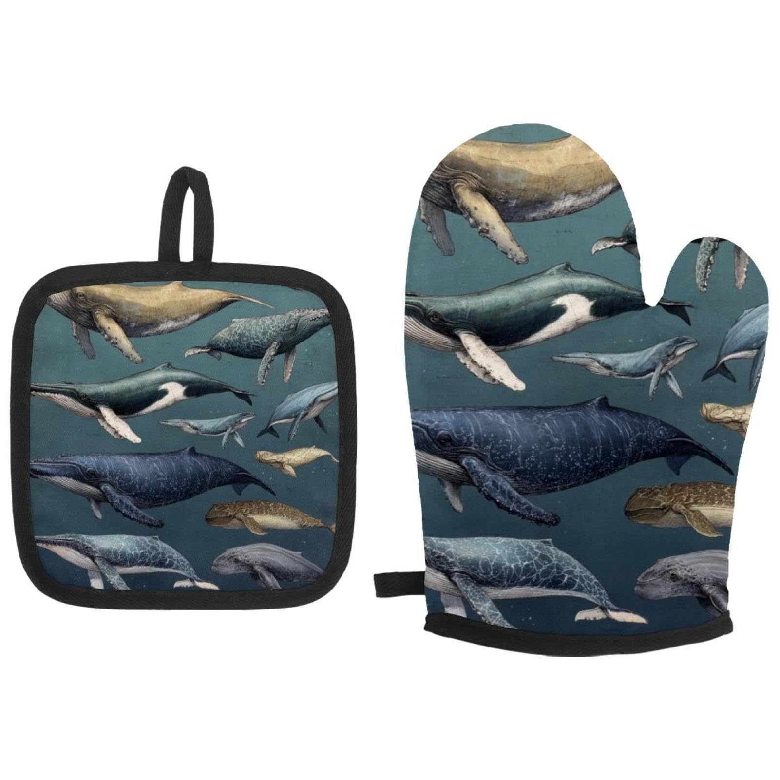 Maniques de cuisine avec mammifères marins baleines anti-chaleur lot de 3
