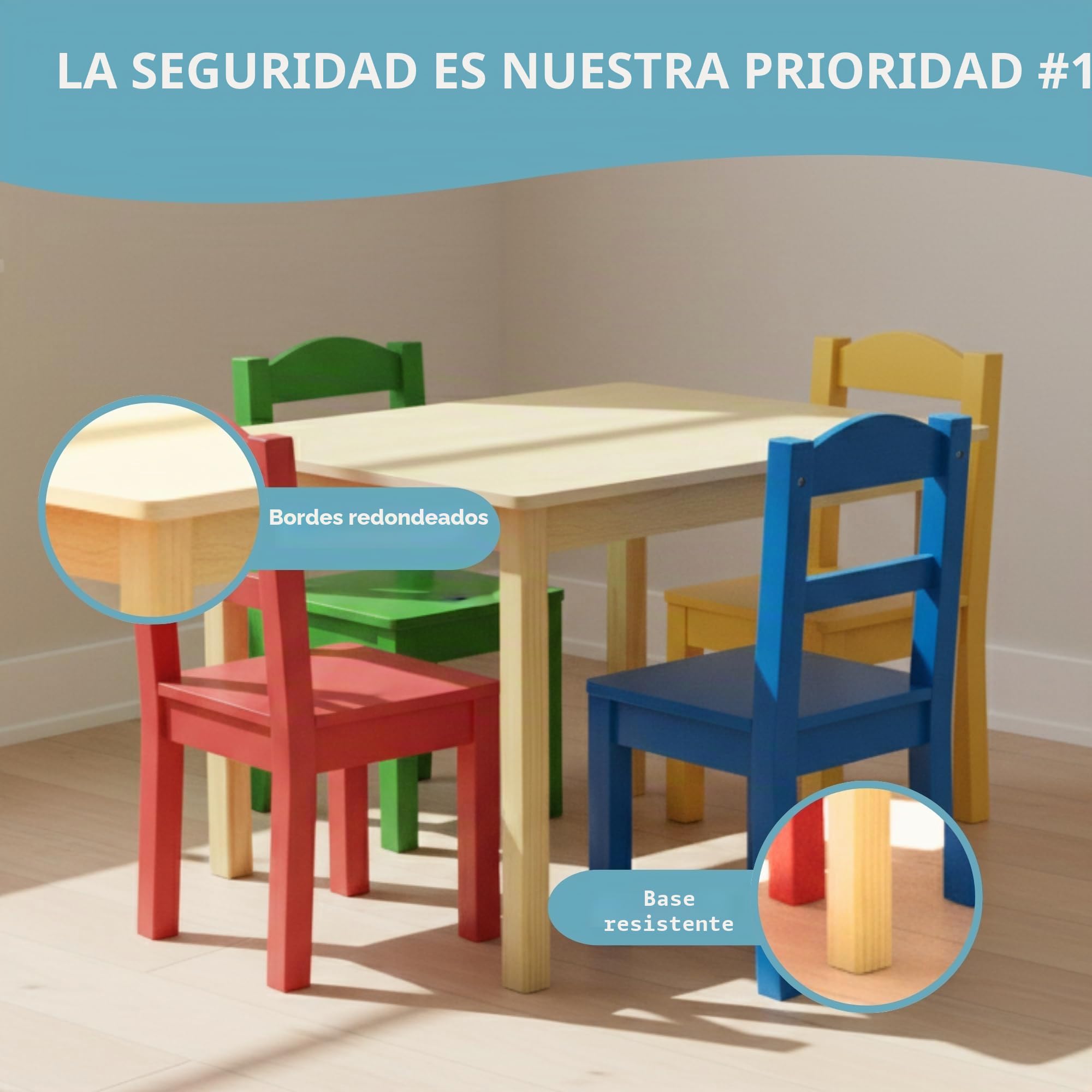 Humble Crew Juego Mesa Cuadrada Madera y 4 sillas: Natural/Colores primarios, diseño Alegre, Seguro para niños, fomenta Juego, Montaje fácil