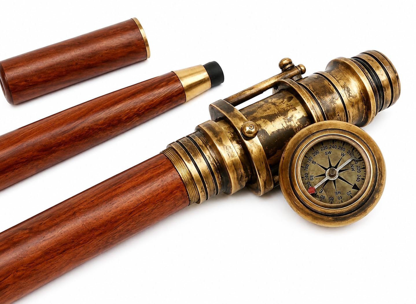 Bastone da passeggio pieghevole in legno antico con telescopio nascosto in ottone e bussola sul manico nautico