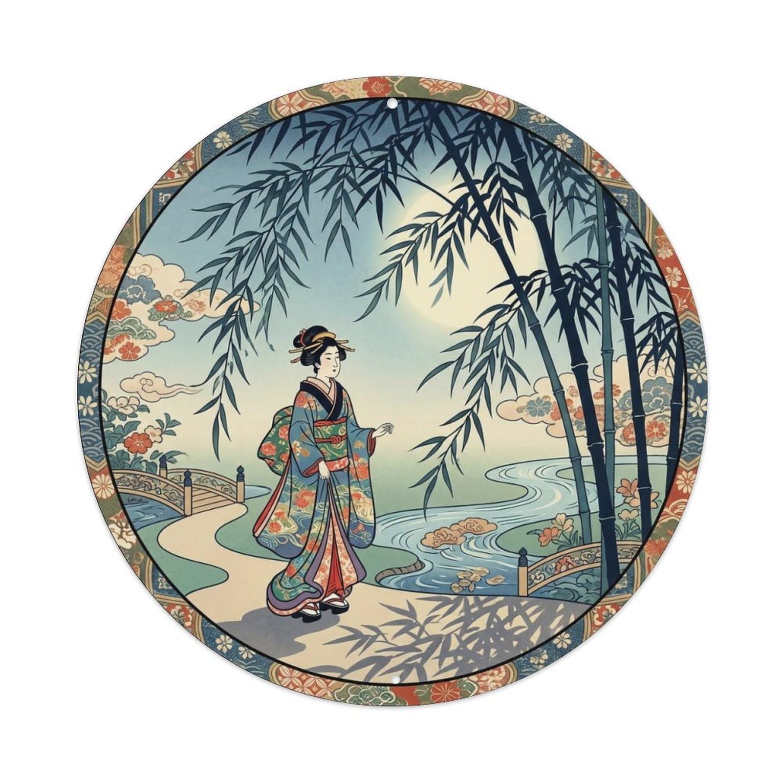 Japanese Geisha Bamboo Shadows Swaying Observing Metal Tin Sign