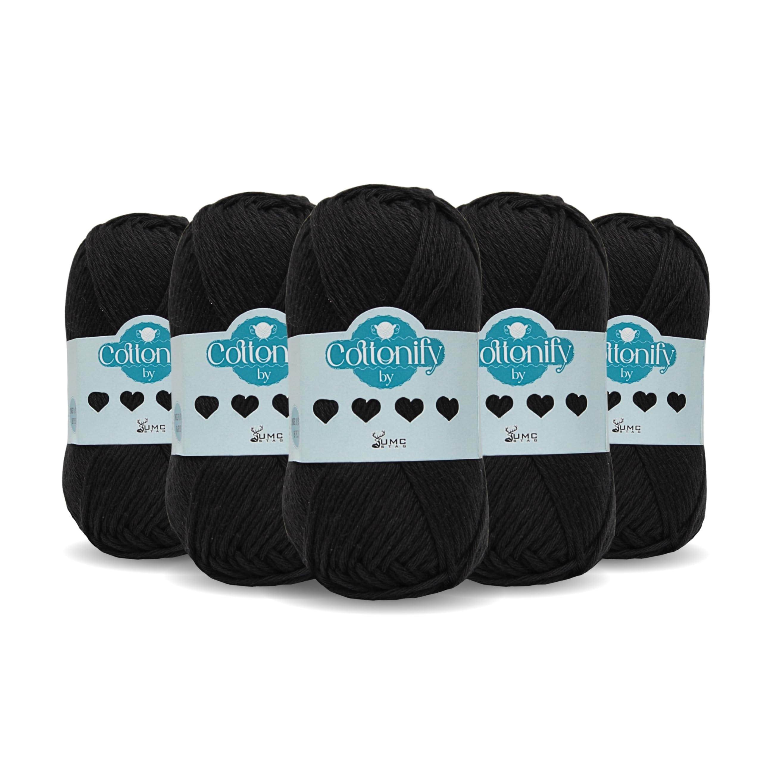 Cottonify 8 Ply Cotton Yarn 50g – 100% Long Staple Combed Cotton (75m) – Soft Strong Crochet & Knitting Yarn for Amigurumi, Dishcloths, Baby Wear & Garments – 3.5-4.5mm Hook (Black)