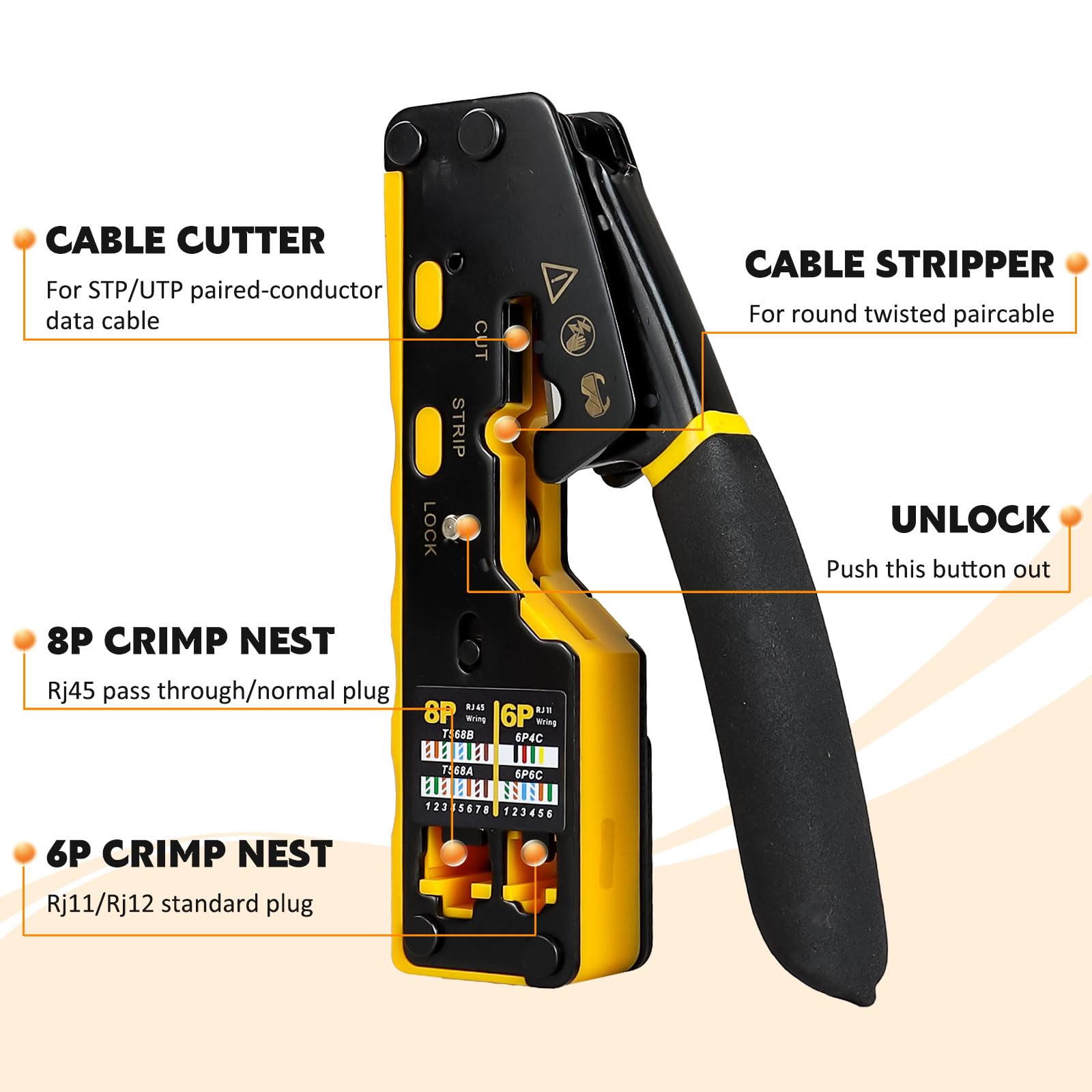 Kit di strumenti di crimpatura Ethernet RJ45, CAT5, Cat5e, Cat6, RJ45, kit di crimpatura con tester per cavi, spellafili multistrato, lame, 50 connettori Cat 6 passa-through e stivali antistrappo