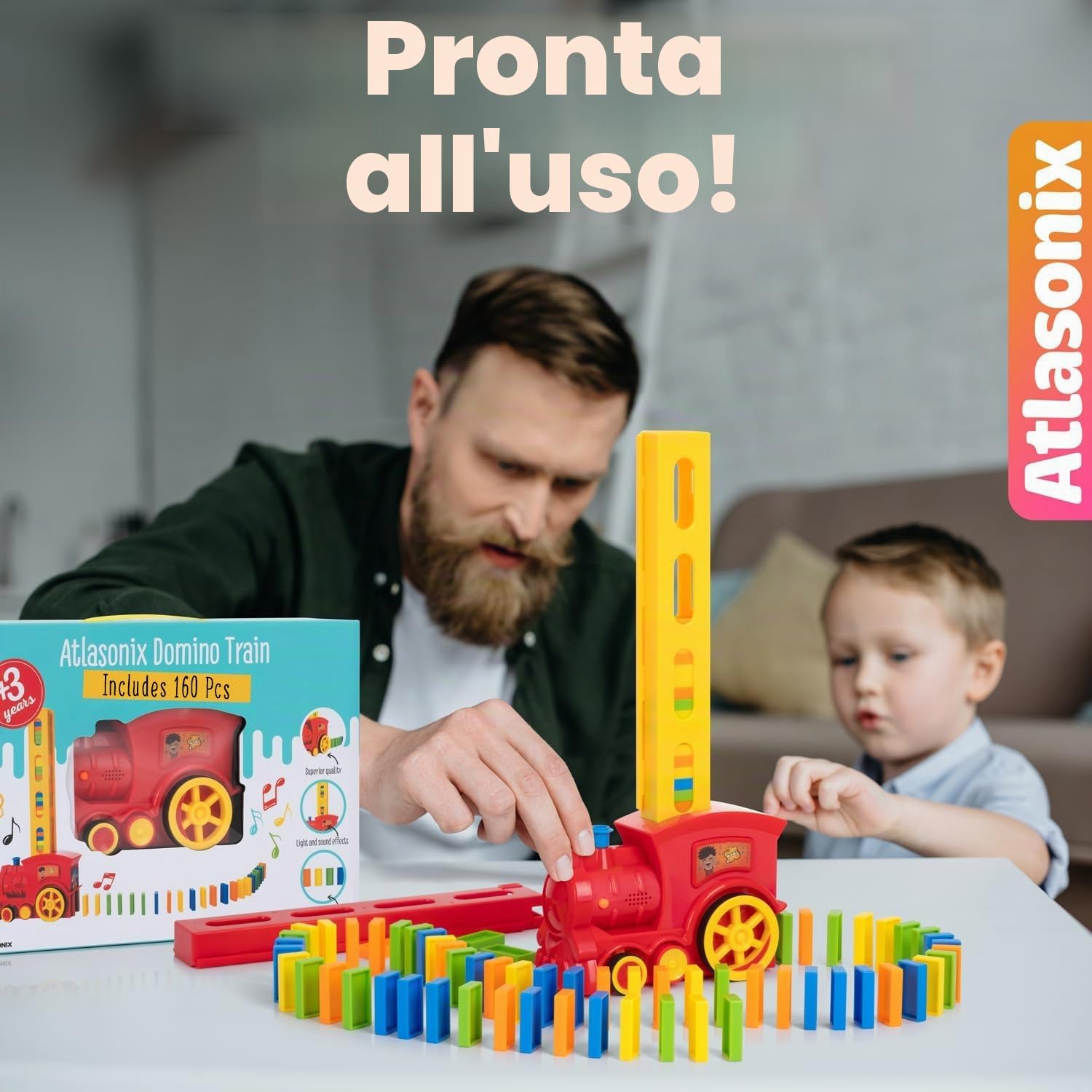 Atlasonix Domino Train Set da 160 pezzi per domino per bambini, prepara automaticamente la tua esperienza di rally per ragazzi e ragazze dai 3 agli 8 anni, rosso