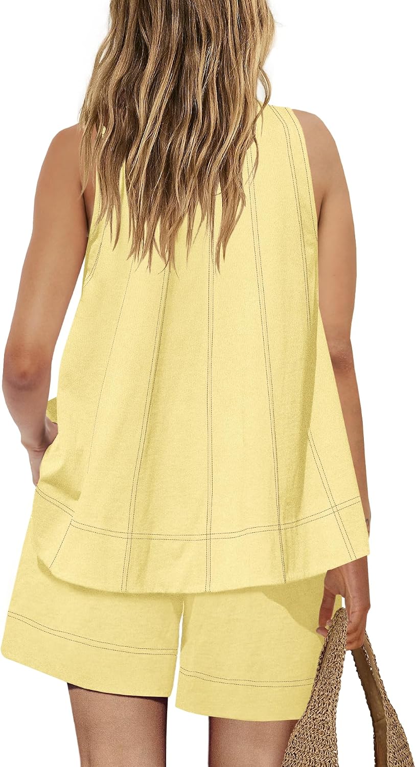 Nirovien Womens Short Sets 2 Piece Vacation Outfits Sleeveless Tank Top and Shorts Matching Set with Pockets