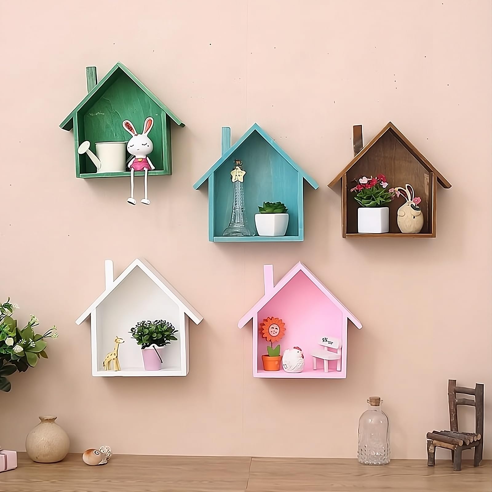 extend crafts wall beautiful hut shape floating hanging rack storage shelf display unit shelves for living room bedroom home decoration items set of 5 (multicolor 3, glossy,engineered wood)
