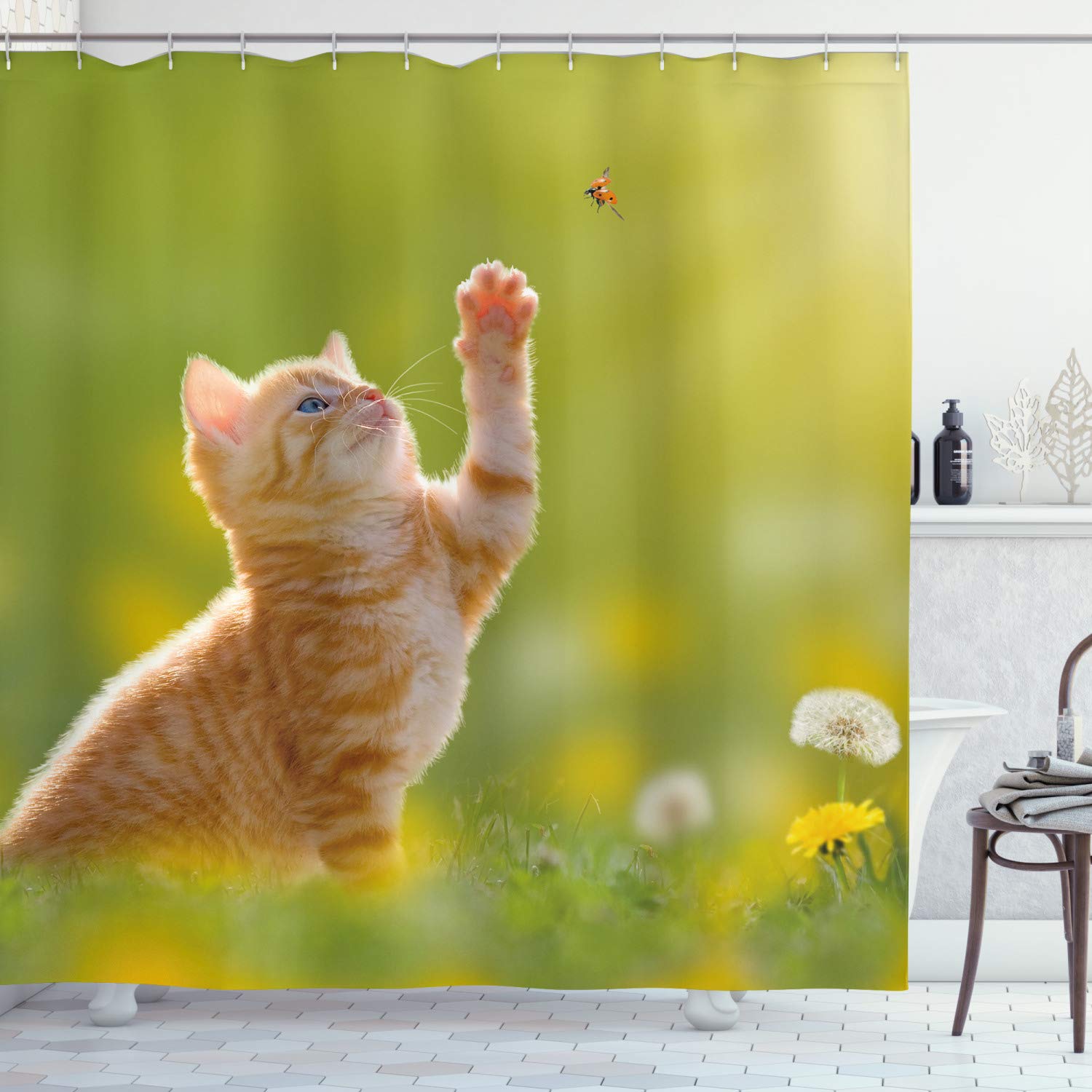 ABAKUHAUS Cat Shower Curtain, Animal Theme Cat Hunting a Ladybug Nature Grass Dandelions Digital Print, Cloth Fabric Bathroom Decor Set with Hooks, 86 Inches Extra Long, Earth Yellow Pale Green โ image 1