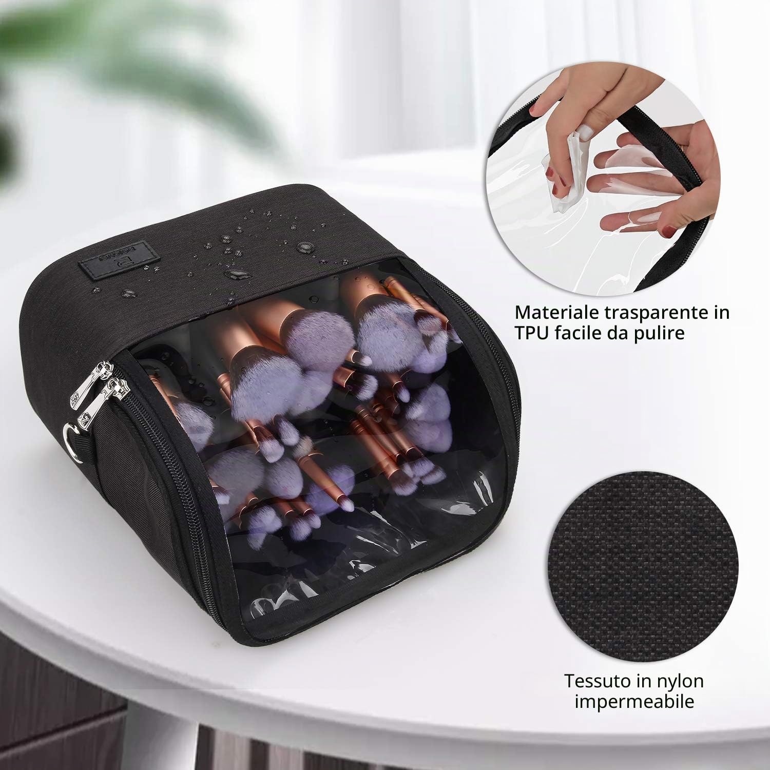 Trousse per pennelli da trucco, organizer multifunzionale per pennelli cosmetici con tracolla, organizer impermeabile per articoli da toeletta per donne e ragazze (nero, grande)