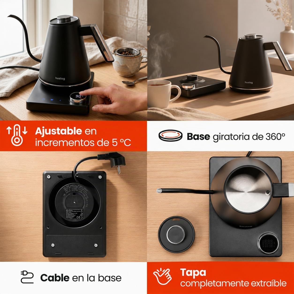 Bouilloire Électrique 1L à Température Réglable 40-100°C, Col de Cygne, Écran LED, Fonction Maintien au Chaud, 1100W, Acier Inoxydable 304, Noir-Argent, Base avec Enroulement du Câble