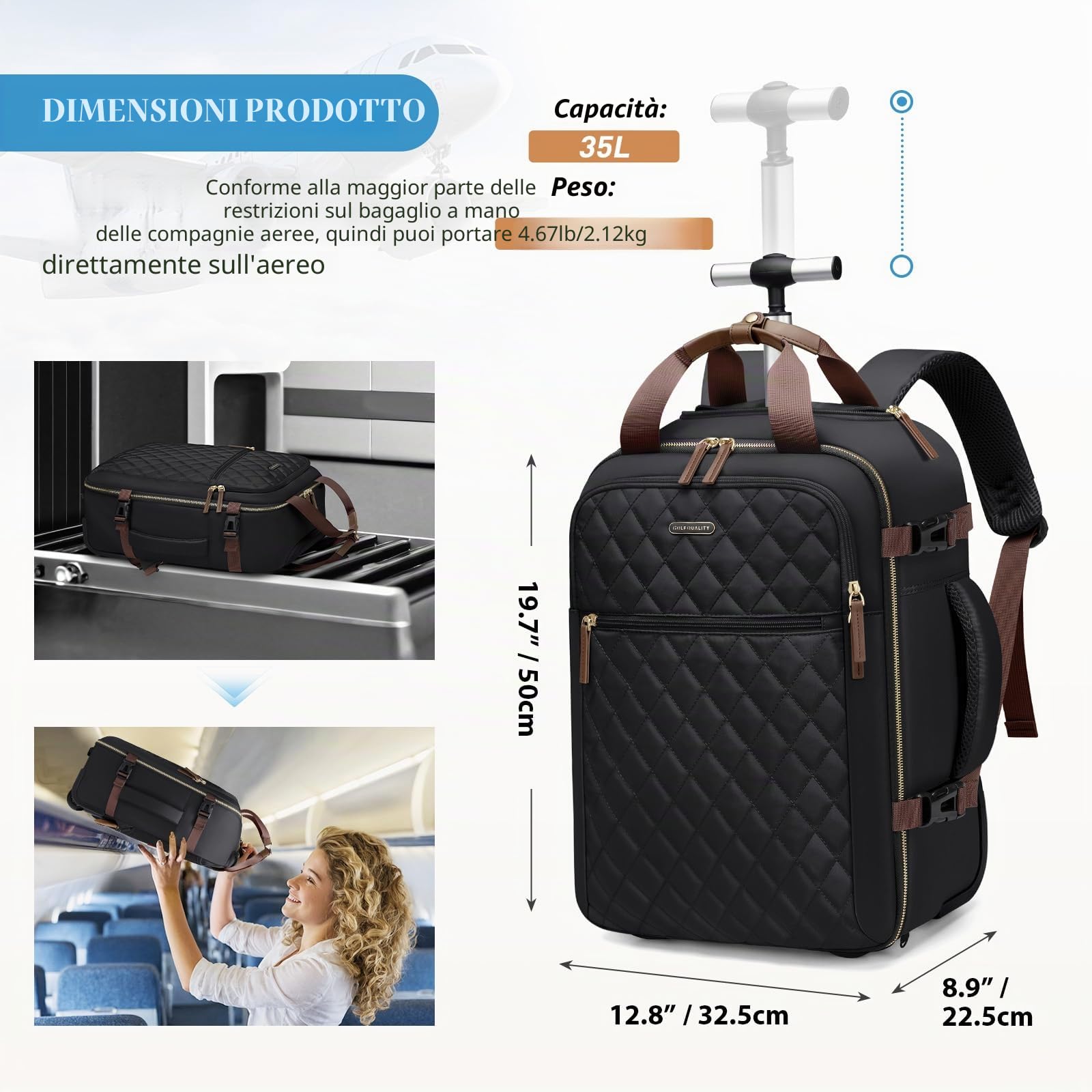 Zaino Trolley PC 17'' Uomo Donna 35L Impermeabile Laptop Backpack Unisex Bagaglio a Mano Viaggio Ufficio,Nero