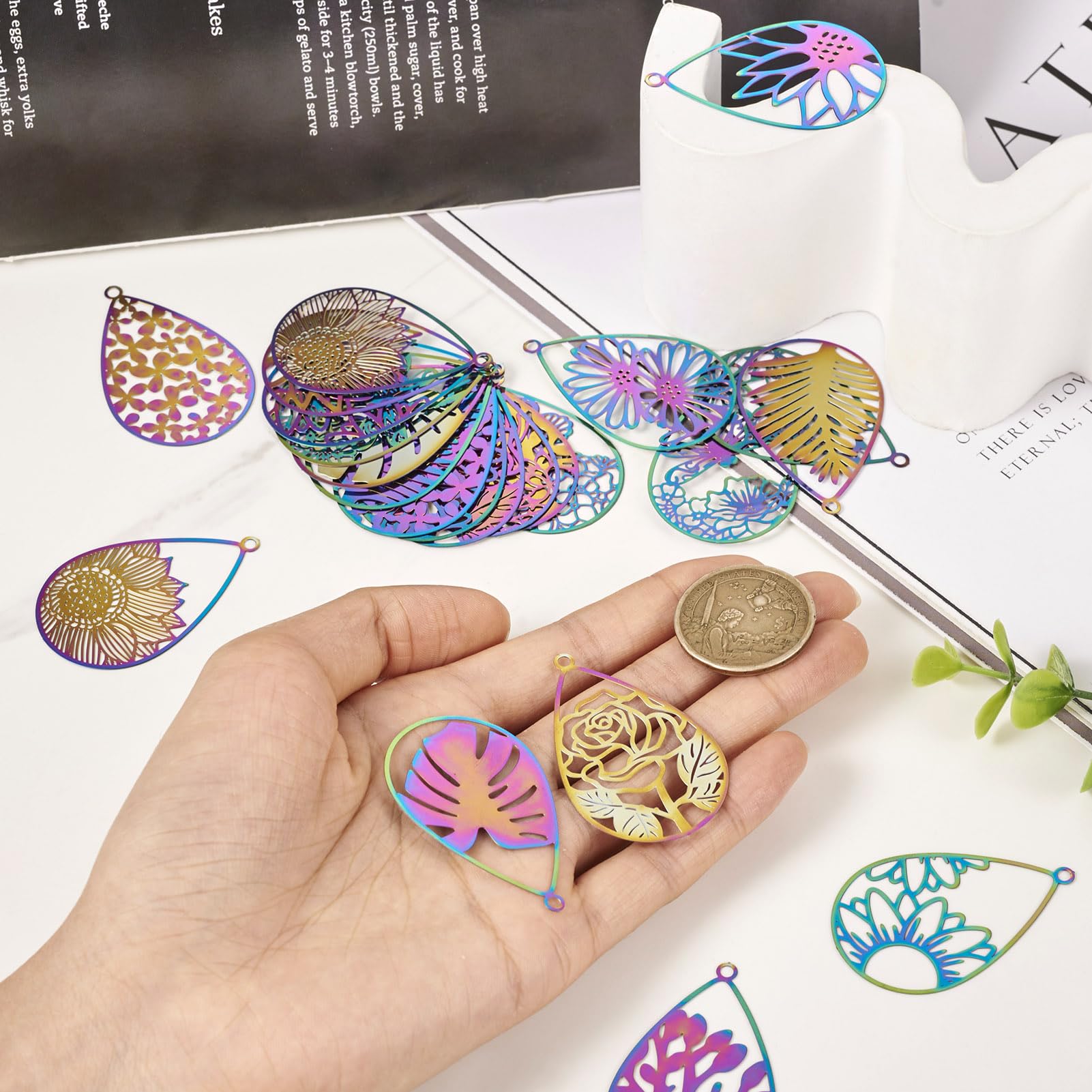 Spritewelry 24Pcs Stainless Steel Teardrop Filigree Pendants Dragonfly Butterfly Leaf Flower Hollow Etched Metal Embellishments Charms for Jewelry Making - Image 4