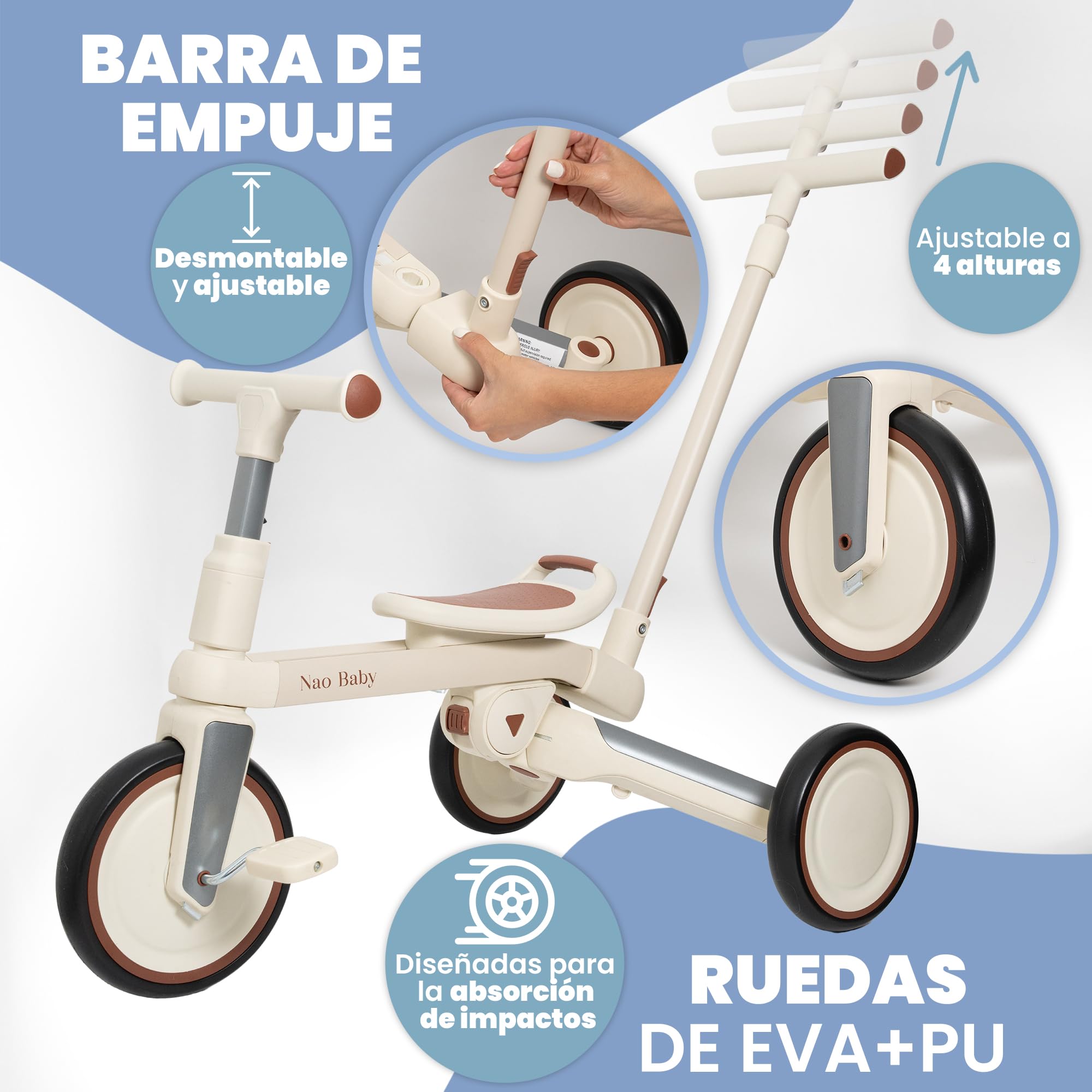 Triciclo Evolutivo Plegable y Ajustable para Bebé y Niño (1-5 Años) con Barra de Empuje Direccional – Ideal como Bicicleta Niño 2 Años, Triciclo Bebé 1 Año y Correpasillos (Sin Capota)