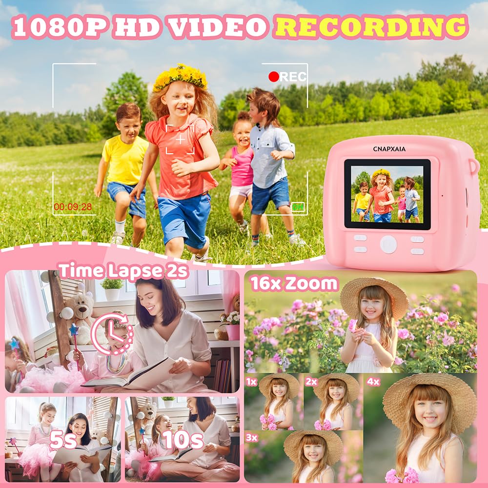 CNAPXAIA Appareil Photo Instantané Enfant, 2,4" Appareil Photo Numérique avec Imprimante sans Encre & Carte 32GB, Mini Caméra Enfant Cadeau Jouet pour Fille de 3 à 12 Ans (Rose)