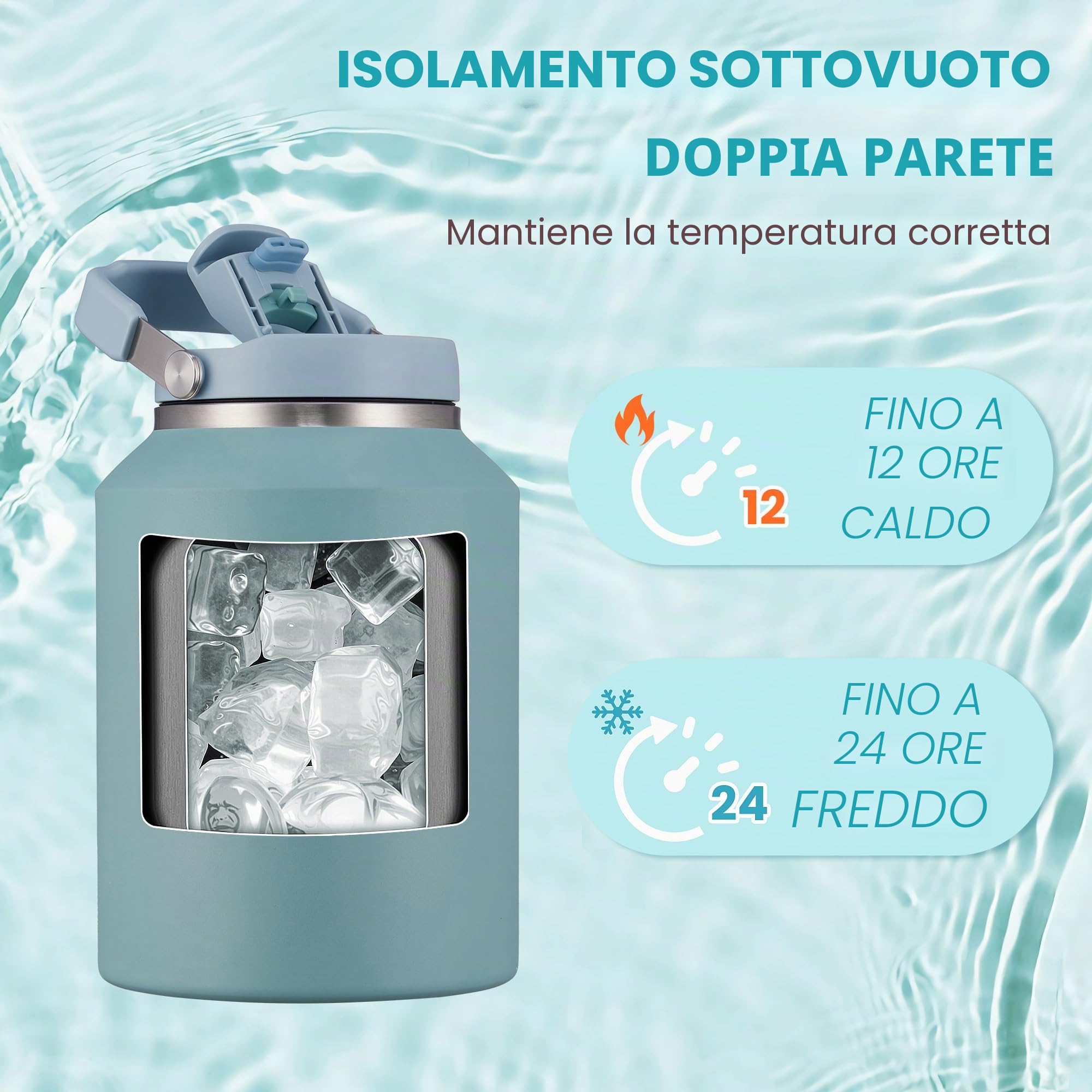 Borraccia Termica 2 litro Bottiglia Termica Senza Perdite Borraccia Palestra Sportiva in acciaio inox, rimanere fredde 24h o calde 12h, Senza BPA