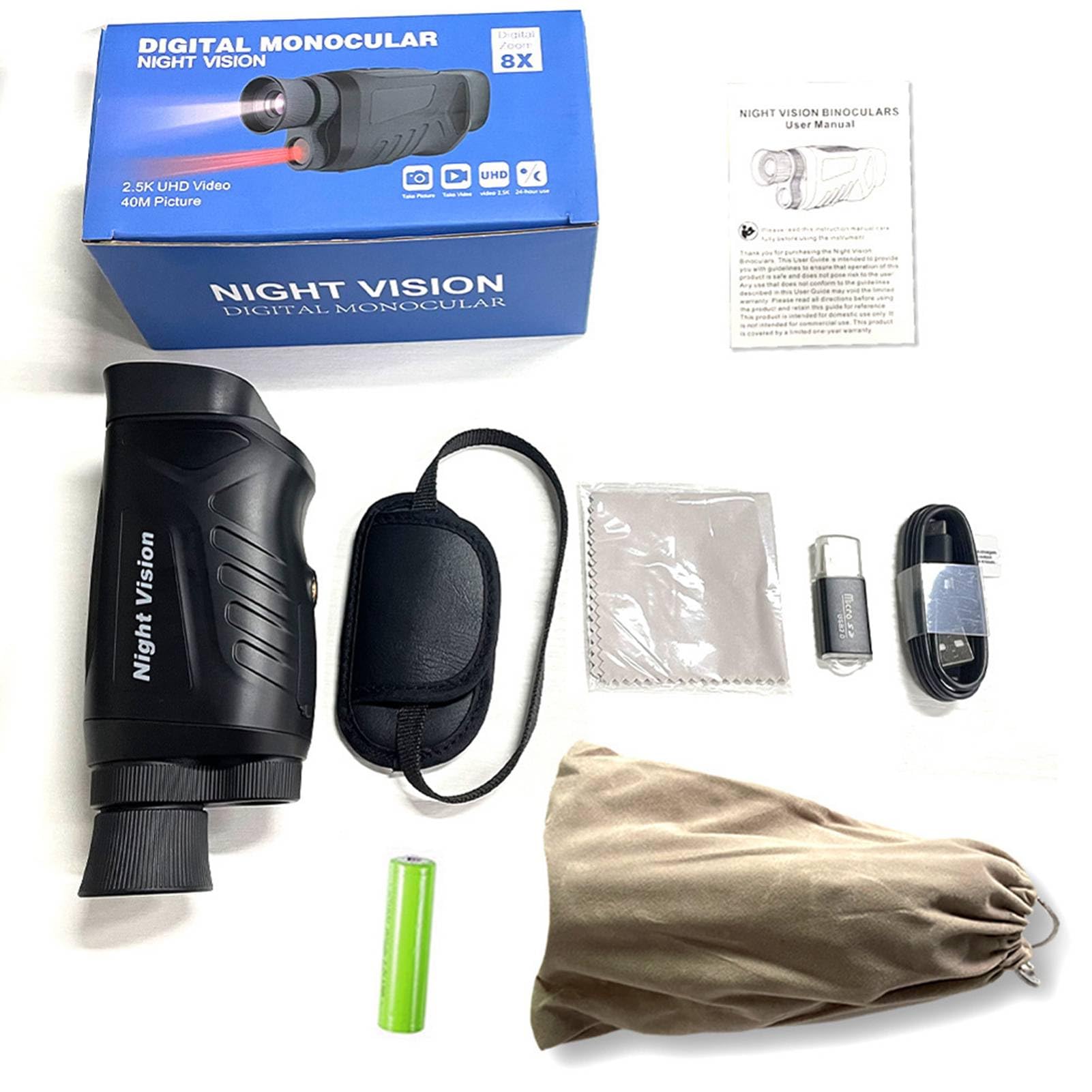 Monoculaire de Vision Nocturne,40 MP 2,5K Télescope Infrarouge,984 Pieds Support de Distance de Vision Nocturne,Enregistrement Photo et Vidéo,Zoom Numérique 8X,pour Camping en Plein Air