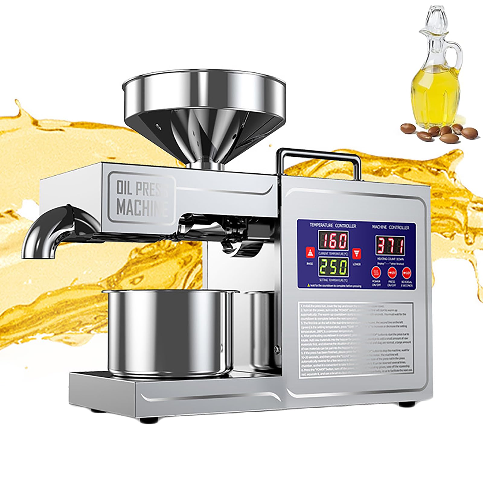 Eoweiot Commercial Oil Press Machine, Electric Seed Oil Maker, Cold/Hot Press Modes and Temp 40-230℃ Adjustable,for Sunflower, Walnut, Flax