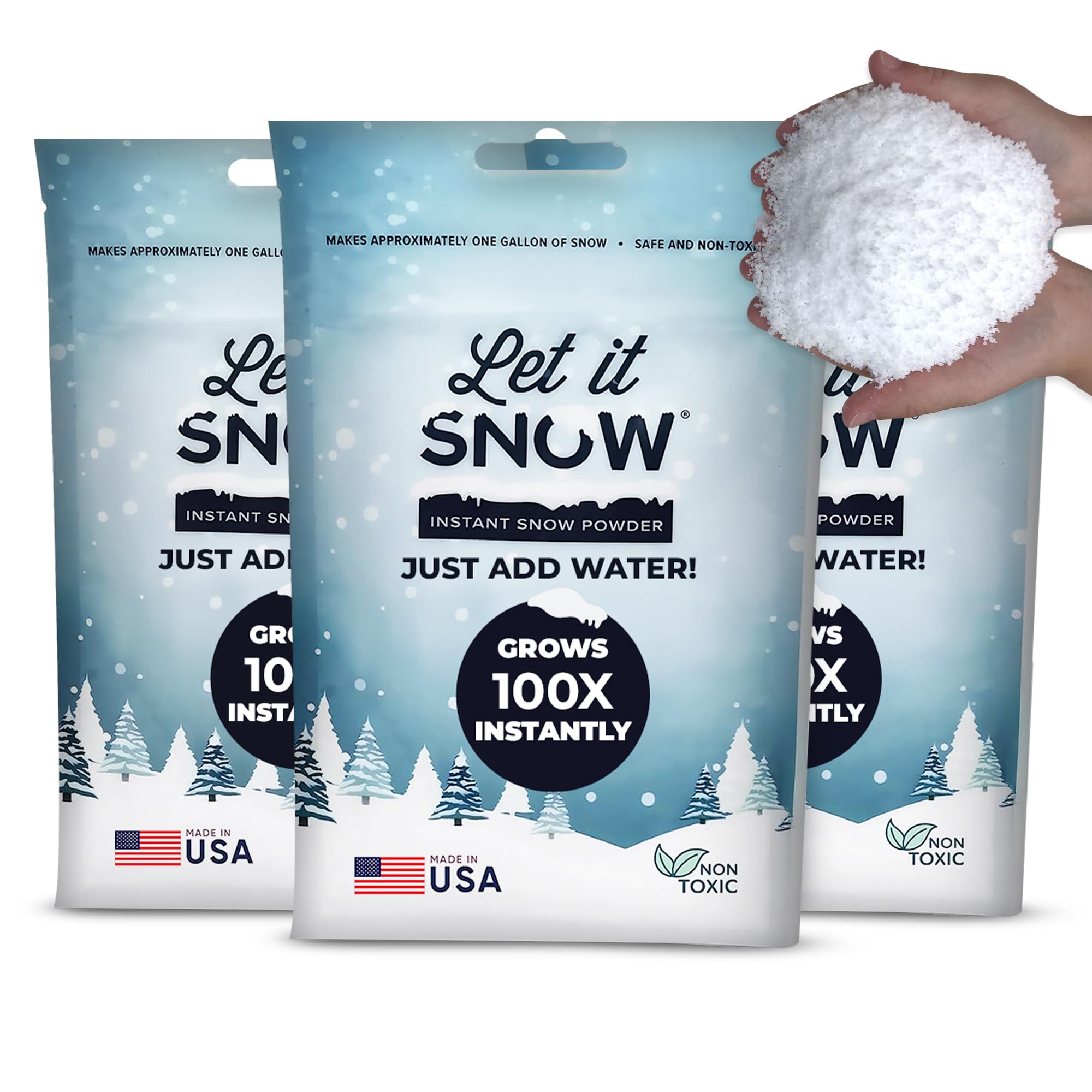Let it Snow Instant Fake Snow for Slime - Made in The USA, Gentle, Safe & Easy to Use Artificial Snow Powder - Perfect Play Snow for Holiday Decorations, Photography, Sensory Play, & Slime (3 Pack)