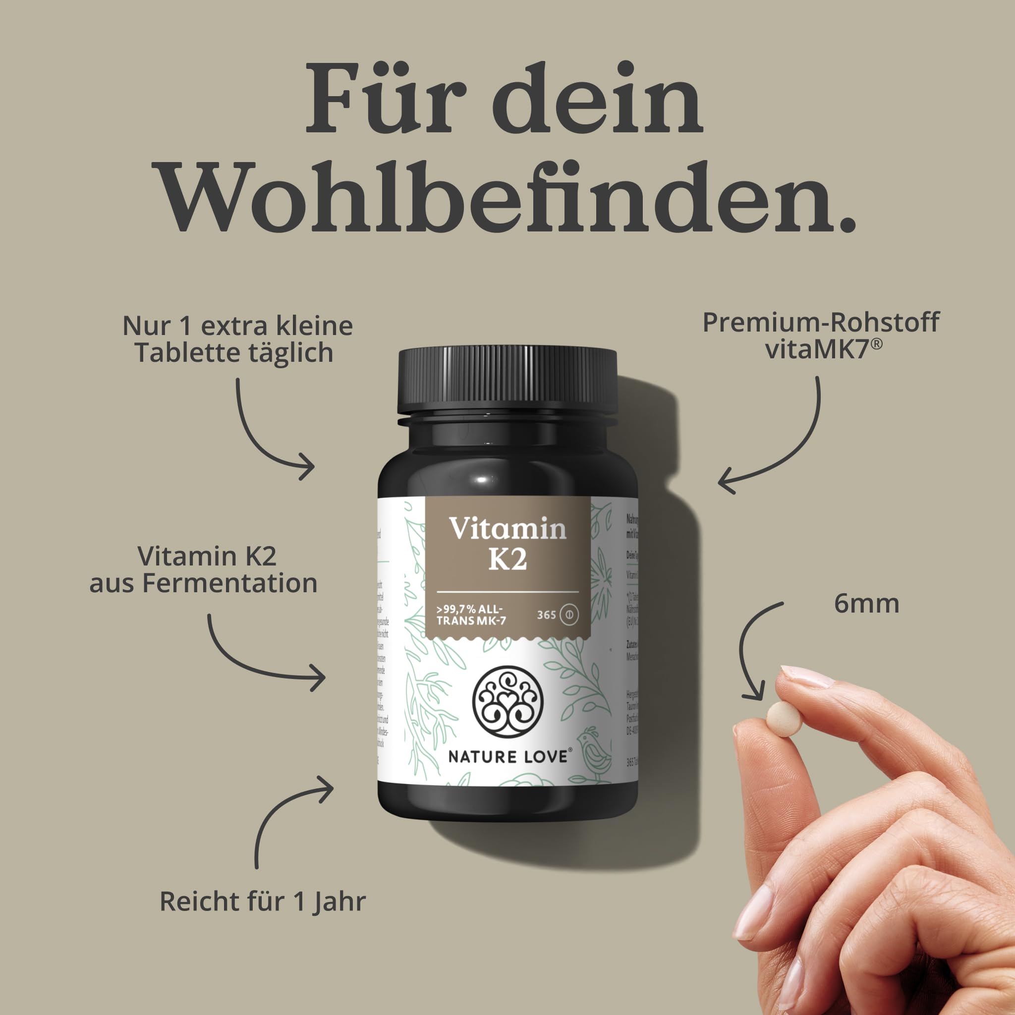 NATURE LOVE® Vitamin K2 hochdosiert - Premiumrohstoff MK7-365 Tabletten - all-trans Gehalt >99,7% MK-7 Menaquinon - vegan, laborgeprüft und in Deutschland produziert