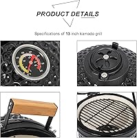 Vista 5 de Parrilla Kamado de 13 pulgadas de ancho con termómetro incorporado, parrilla ovalada con rejillas de hierro fundido, mango de bambú, parrillas