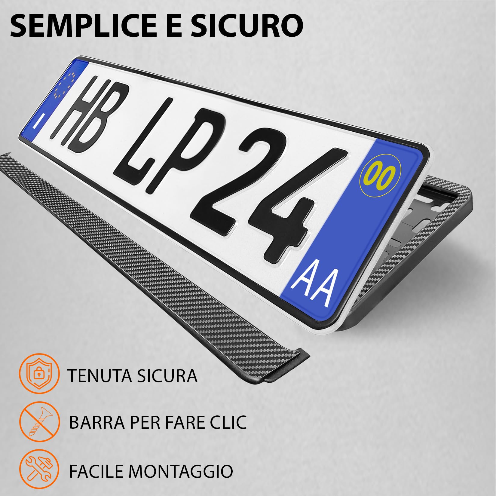 Portatarga Auto - Supporto Targa - [semplice, durevole e sicuro] - 8 viti - 520x110 mm - Carbonio effetto - Porta Targa - adatto a qualsiasi auto - per targhe italiane omologate - Fissaggio per Targa