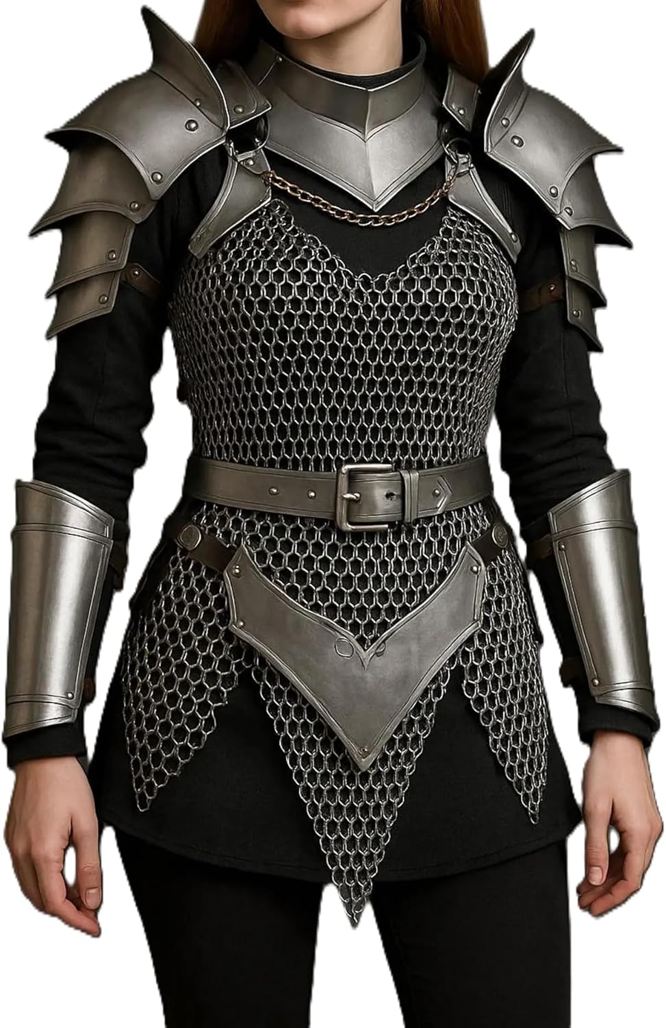 Medieval Knight Lady Armor Neck Gorget With Pauldrons, Arm Bracers & Chainamail Costume - LARP Cosplay Roman Fantasy Female Armor Costume - Halloween Roleplay Armor