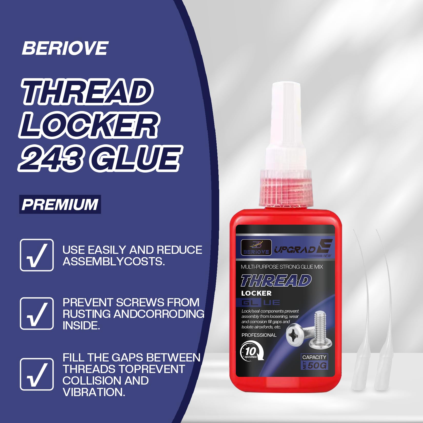 BERIOVE Blue Thread Locker 243 : Threadlocker Metal Glue for Bolts, Nuts, Fasteners Medium Strength Screw - Prevent Loosening Corrosion 50g