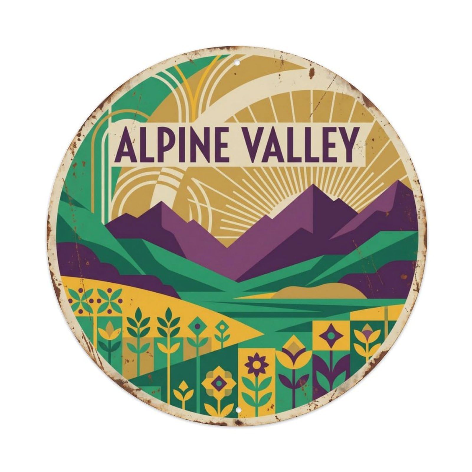 Vintage Travel Alpine Valley Europe Metal Tin Sign Plaque Wall Decor for Cafe, Club, Garden Round Metal Poster 8x8Inch