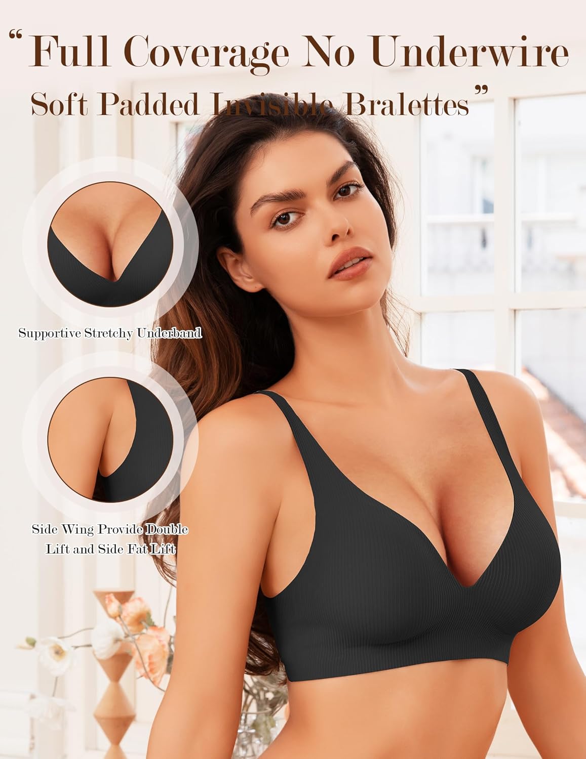 Wireless Bra Seamless Bras for Women Push Up Full Coverage Everyday Bra No Underwire Comfort Soft Vneck Ribbed Bras - Image 5