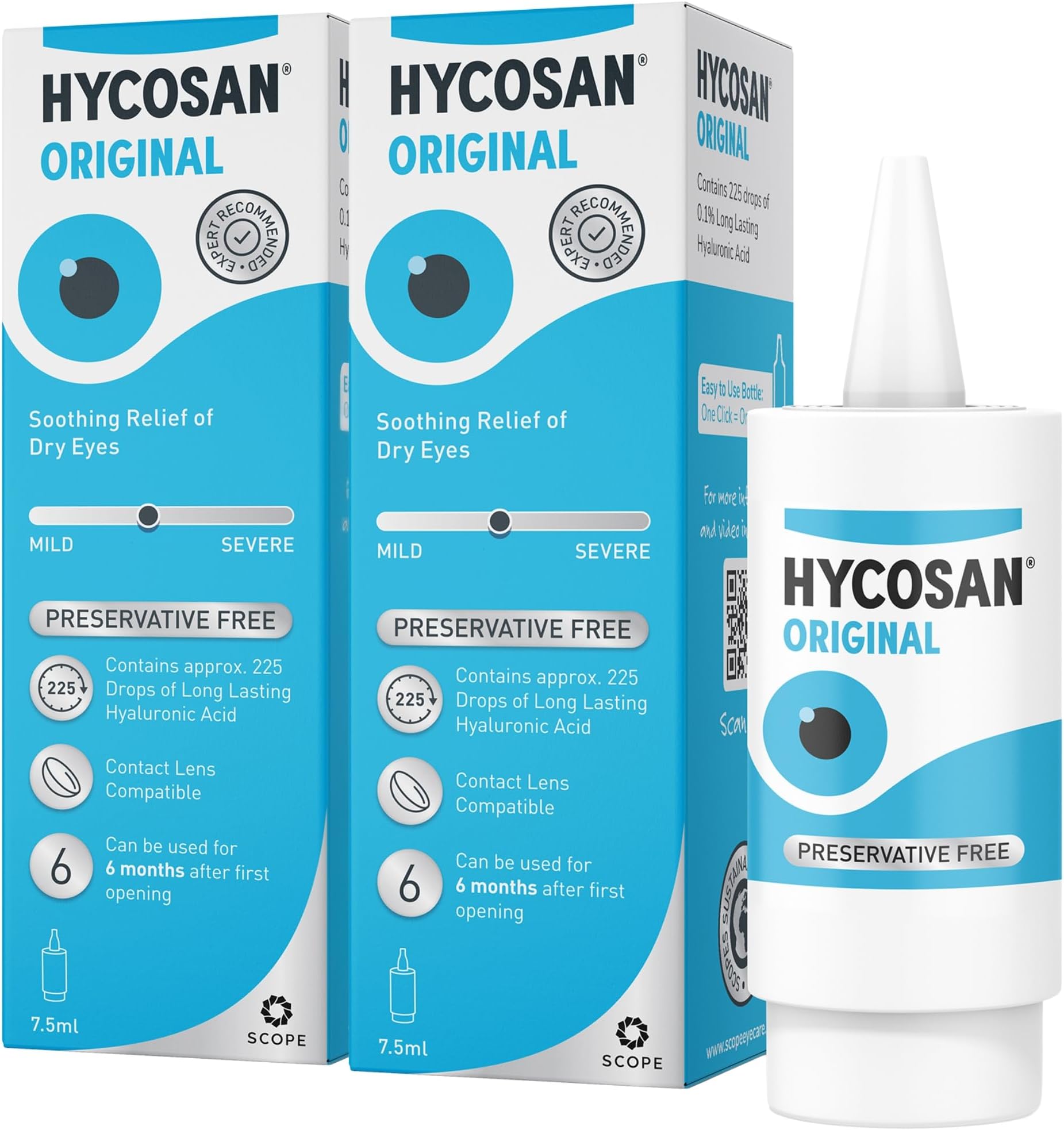 Hycosan Original - Twin Pack - Eye Drops with Hyaluronic Acid for Treatment and Rapid Relief of Mild to Moderate Dry Eyes - Preservative Free - 2 x 225 Measured Doses