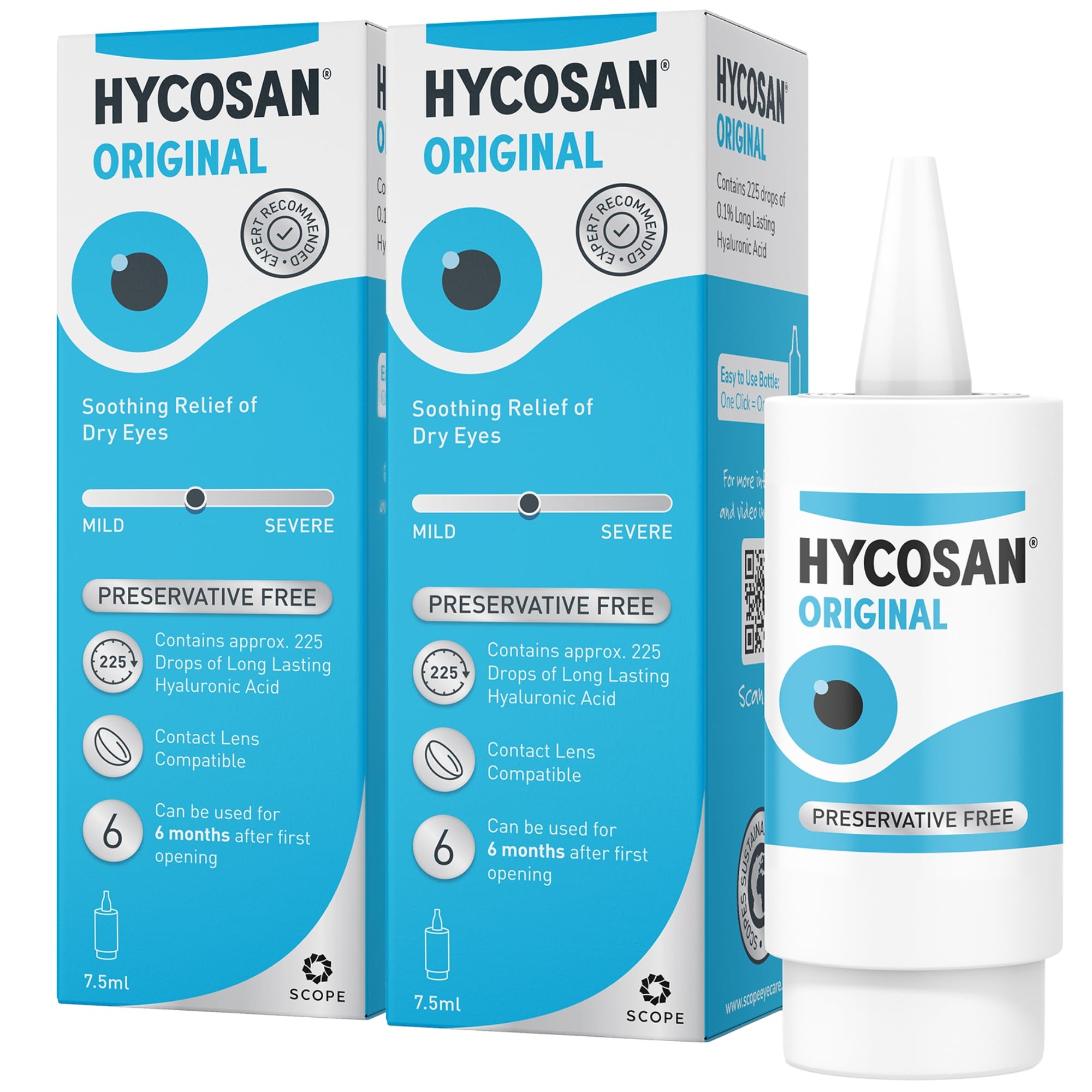 Hycosan Original - Twin Pack - Eye Drops with Hyaluronic Acid for Treatment and Rapid Relief of Mild to Moderate Dry Eyes - Preservative Free - 2 x 225 Measured Doses