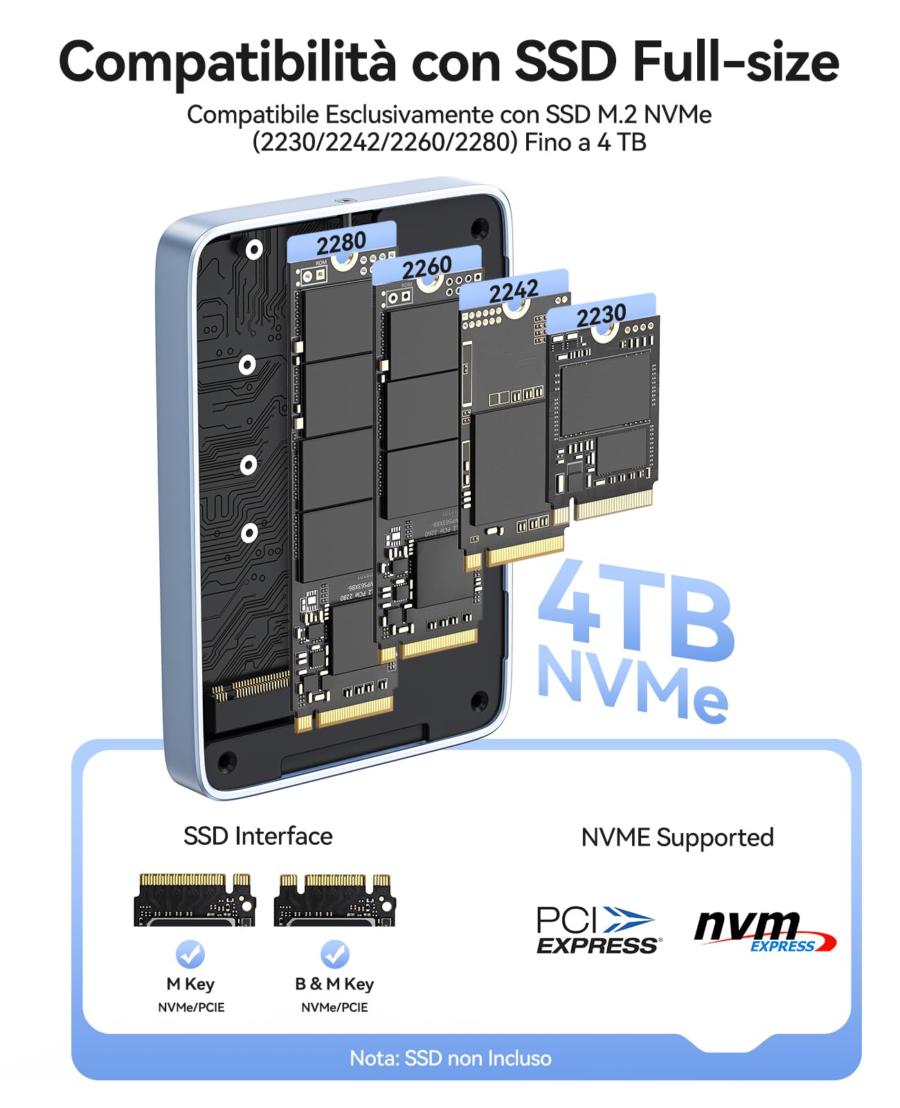 ORICO 10Gbps Magnetico M.2 NVMe SSD Case con USB-C Dock Supporta Registrazione ProRes per iPhone 17/16/15 Pro/Max/Plus TF/SD Slot PD 100W per Formati 2230/2242/2260/2280 B+M M-Key Disless AP80F Blu