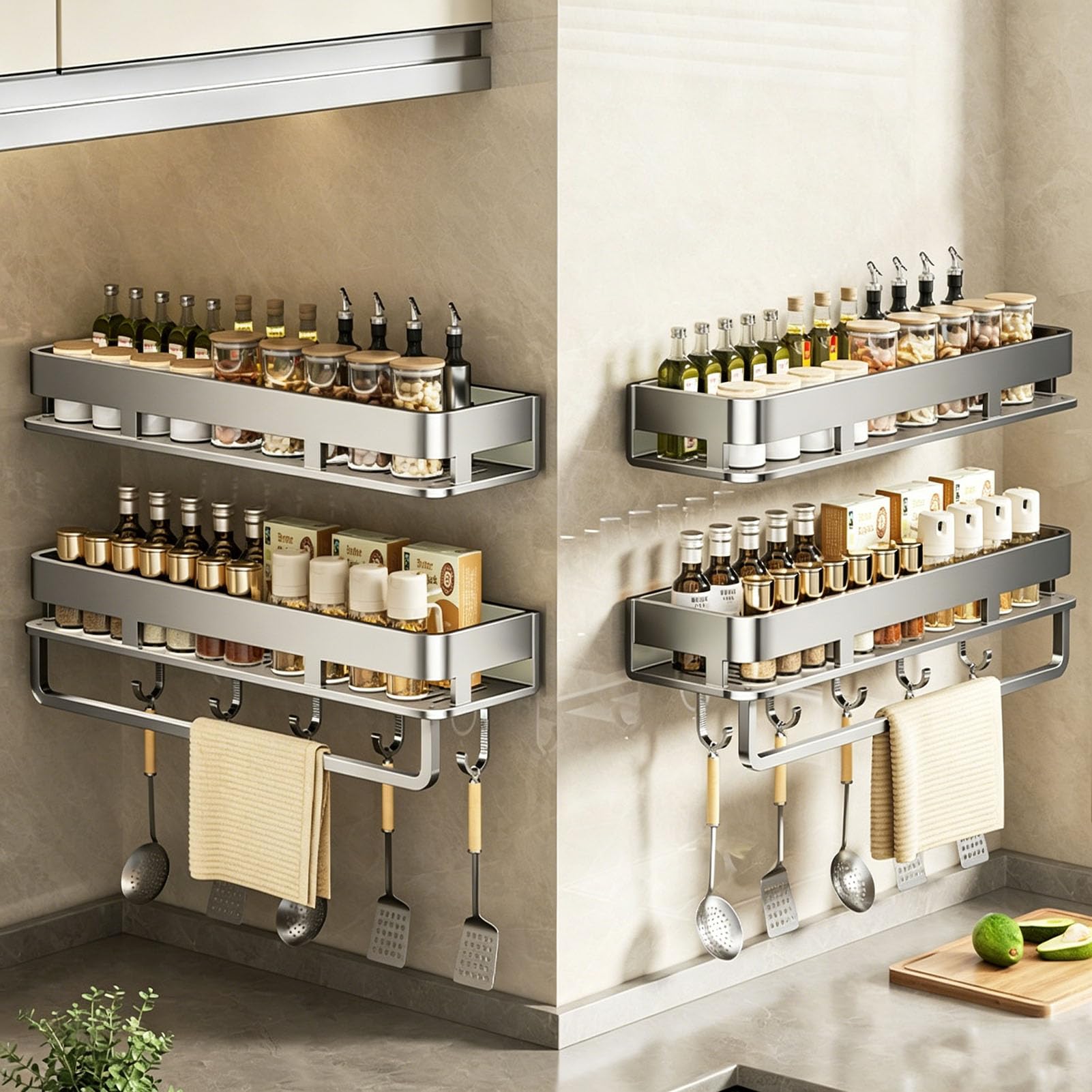 Organizador de Especias 2 Piezas con Base de Malla - Estante para Pared Sin Taladrar para Accesorios de Cocina, Armario o Baño Metal Resistente al Óxido,Blanca,50cm