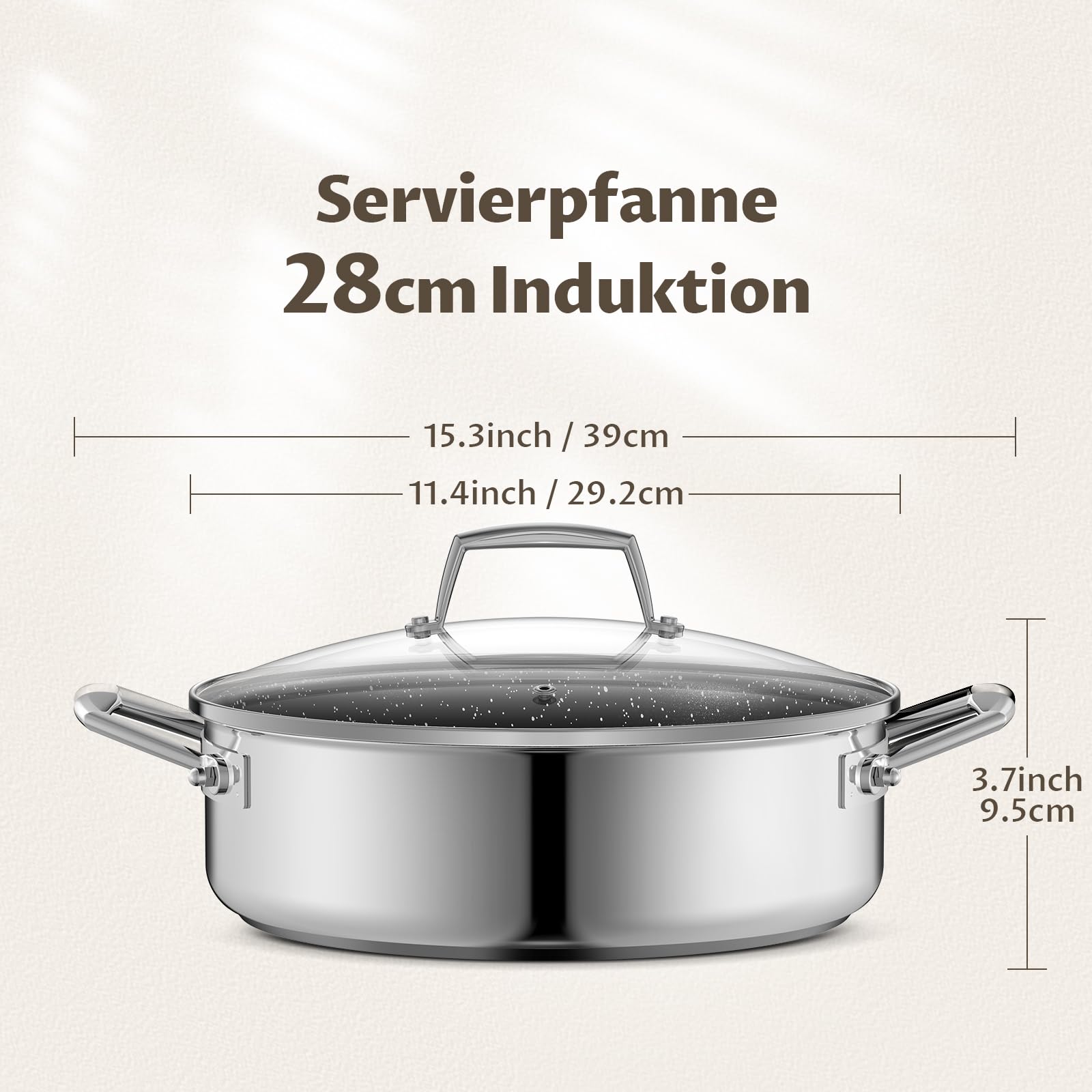 BEZIA Patelnia do duszenia ze stali nierdzewnej 18/10, 28 cm, indukcyjna, garnek do duszenia z pokrywką 5,1 l, patelnia do serwowania wszystkich rodzajów kuchenek, wysoka krawędź