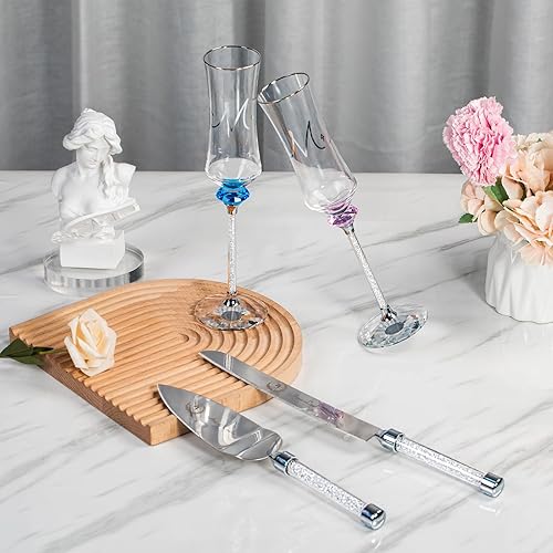 Miniatura 2 de Juego de copas de champán y corte de tartas de boda Mr and Mrs para boda, novia y novio, flautas de tostado, regalos de boda, aniversario, despedida