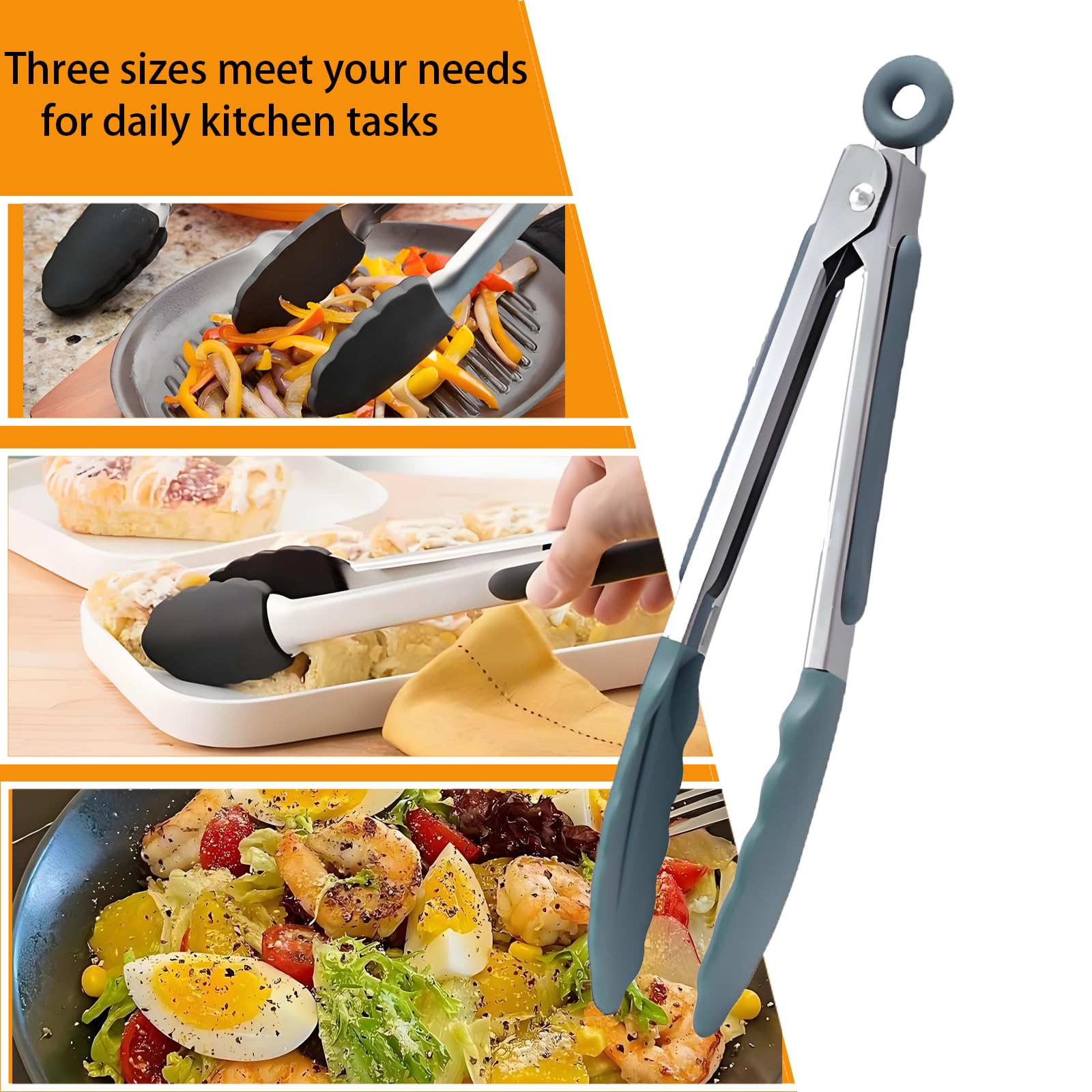 Pinzas de cocina con puntas de silicona, pinzas para cocinar, resistentes al calor, pinzas de bloqueo de acero inoxidable de 600 grados, juego de 3 a 7 pulgadas, 9 pulgadas y 12 pulgadas 4