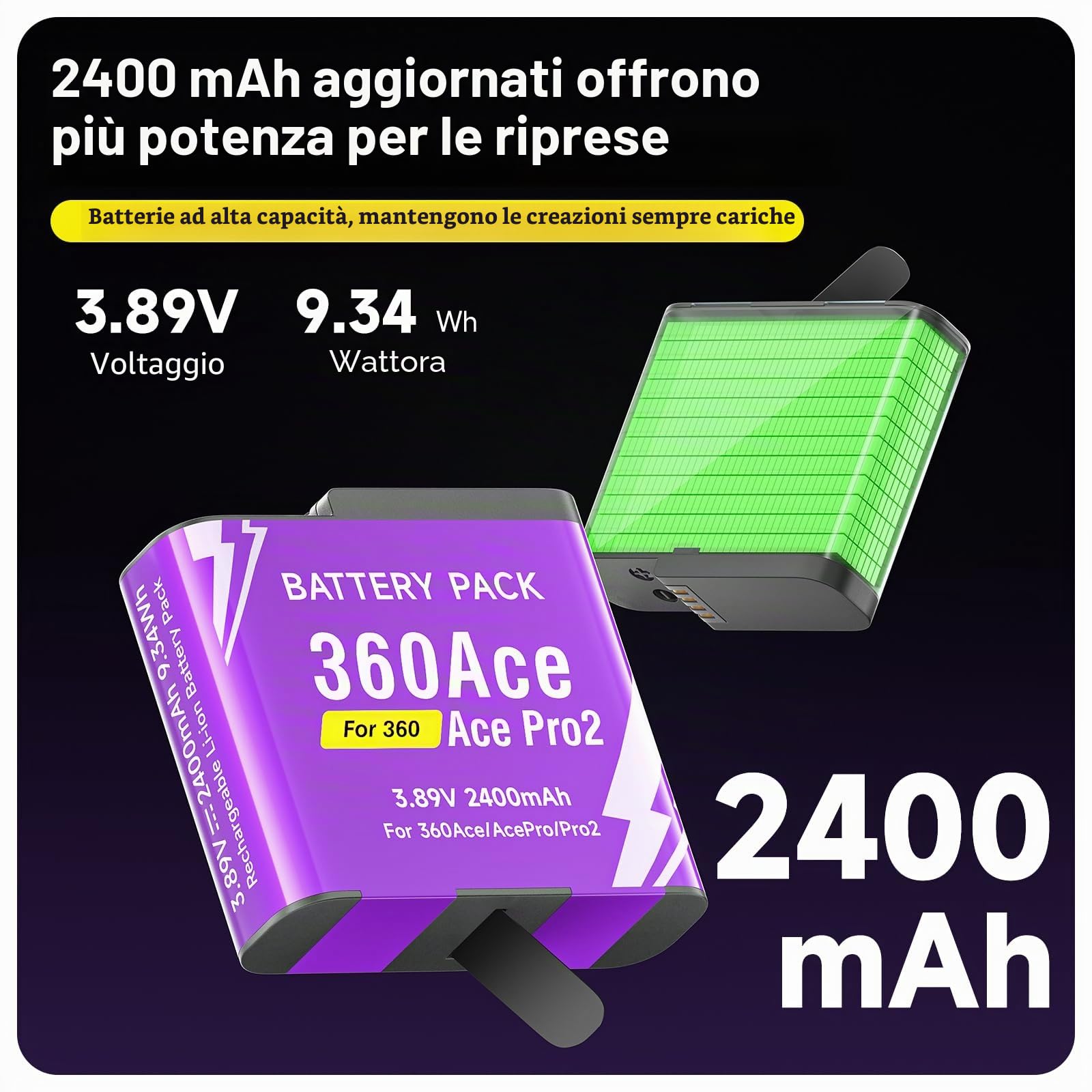 CITYORK [Confezione da 1] Batteria di ricambio da 2400 mAh per Insta 360 Ace / 360 Ace Pro/360 Ace Pro 2 Batteria per fotocamera, Kit batteria ricaricabile Accessori per fotocamera sportiva