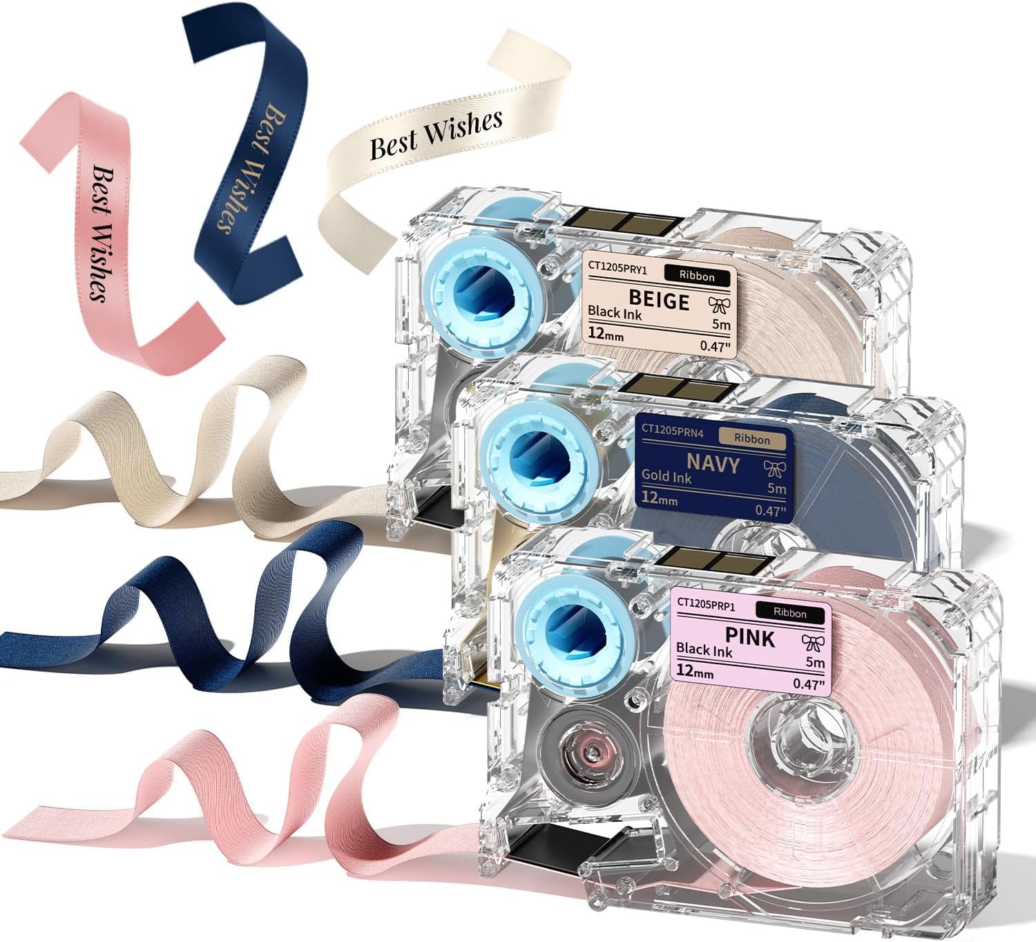 Phomemo A30 P15 Exclusive Ribbon Labels Ideal for Gift Wrapping, Wedding Bouquets, DIY Crafts, and Valentine's Day 12mm × 5m Long 3-roll Set (Dark Blue, Light Pink, Beige Ribbon Labels)