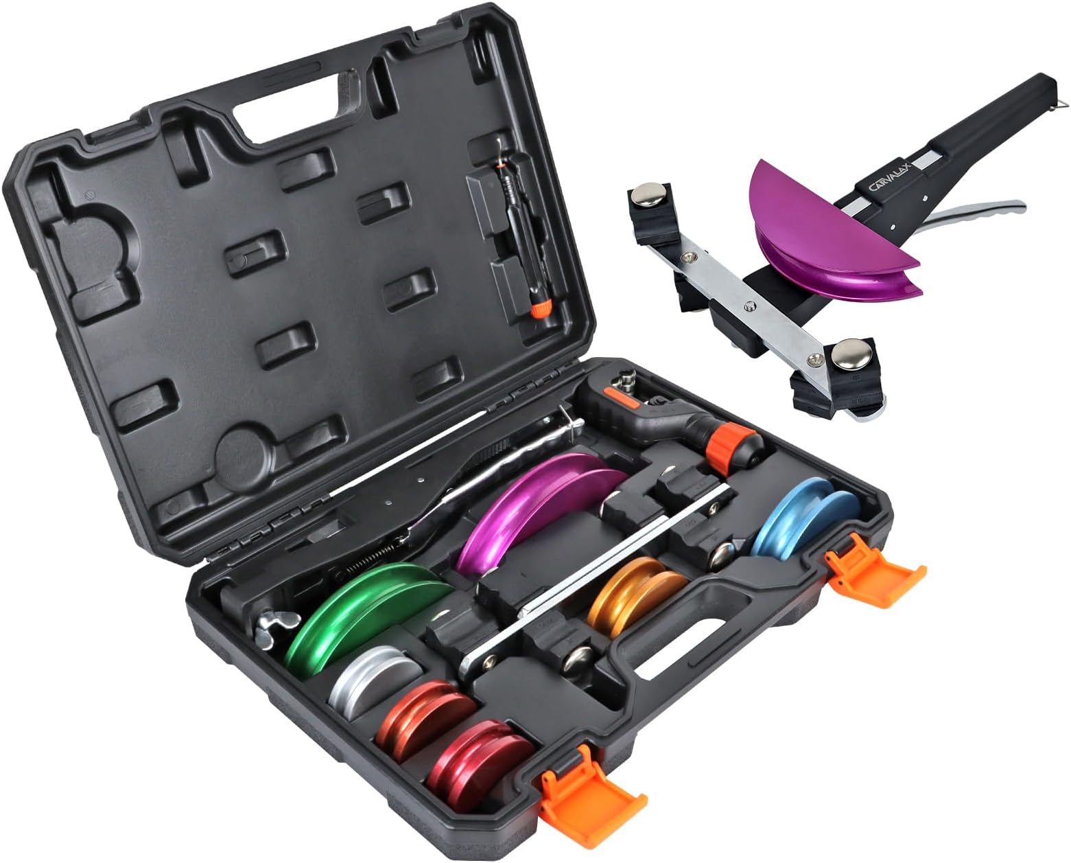 CARVALAX 90° Ratcheting Pipe Tube Bender Set: 1/4" to 7/8" O.D. with 7-Color Aluminum Heads – LITE MODEL (No Reverse) with Tube Cutter & Deburring for HVAC, Air Conditioning and Heating Repair