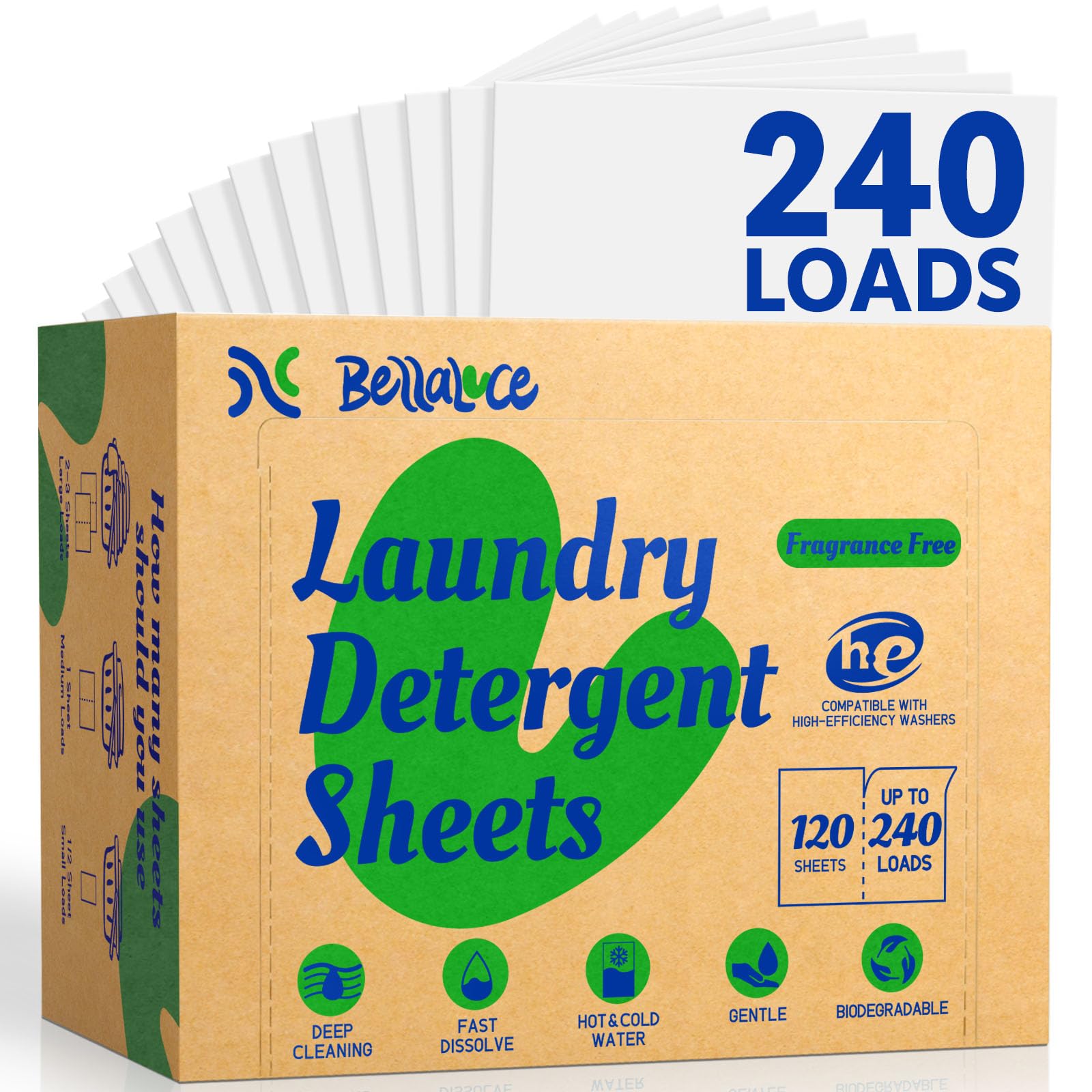BellaLuce Laundry Detergent Sheets, Fragrance Free, 240 Loads