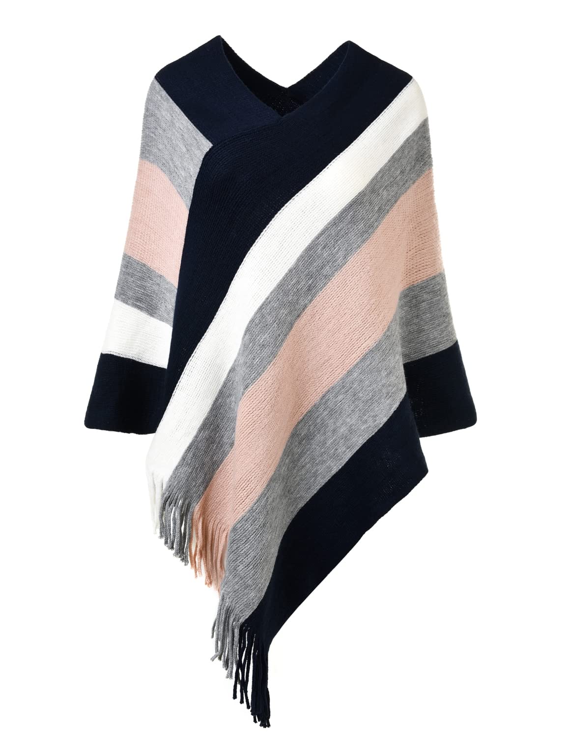 FerandWomen's Casual Striped Poncho Sweater Versatile Fringe Shawl Wrap for Fall Winter