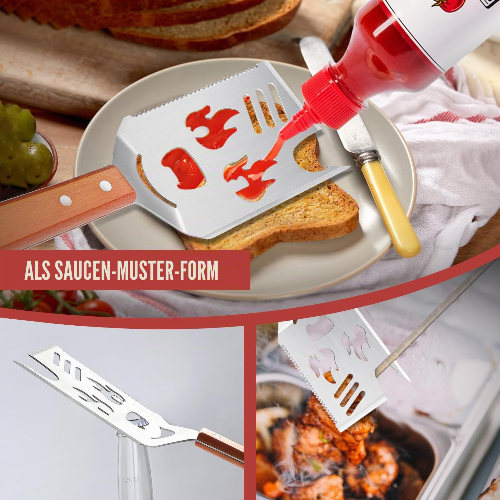 8 in 1 BBQ Spatel für Outdoor Grill, Grillbesteck mit Holzgriff, Multifunktionales Grillwerkzeug, 40,5 cm Grillwender, BBQ Geschenke für Männer, Gabel, Säge, Flaschenöffner zum Grillen