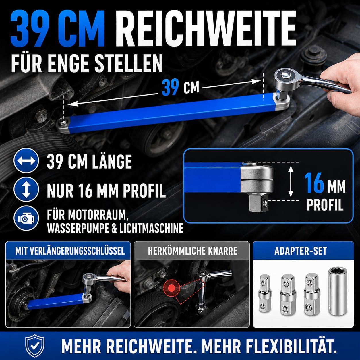 Schraubwerk Offset Schlüssel, Offsets Extension Wrench 39 cm (15 Zoll) Gekröpfter Verlängerungsschlüssel mit 1/4", 3/8", 1/2" Adaptern – Ideal für enge Räume im KFZ-Motorraum – Offset Adapter