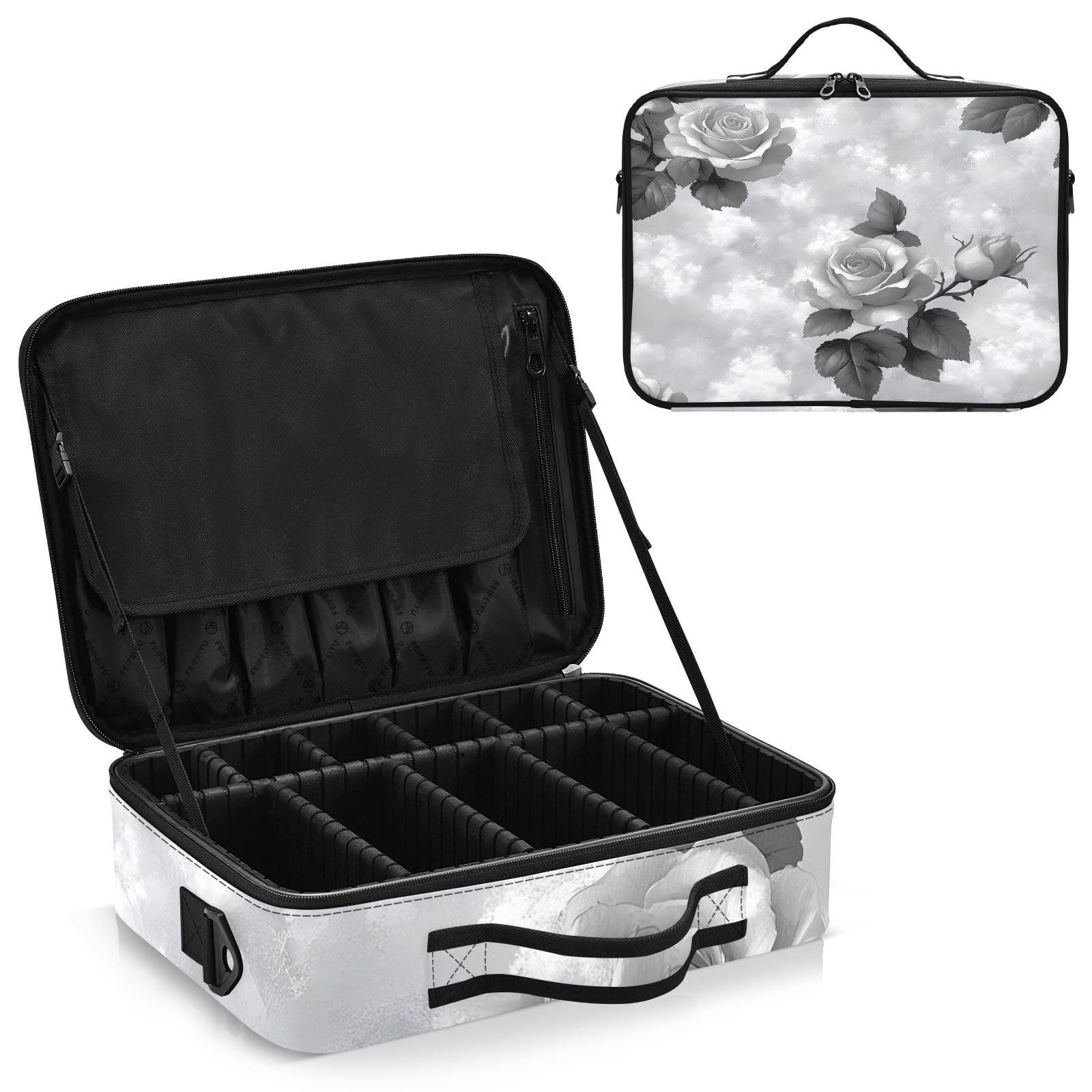 zyrtty Travel Makeup Train Case White Black Grey Flower Pattern Cosmetic Organizer Portable Storage Bag with Adjustable Dividers for Cosmetics Brushes Toiletry Jewelry Digital Accessories