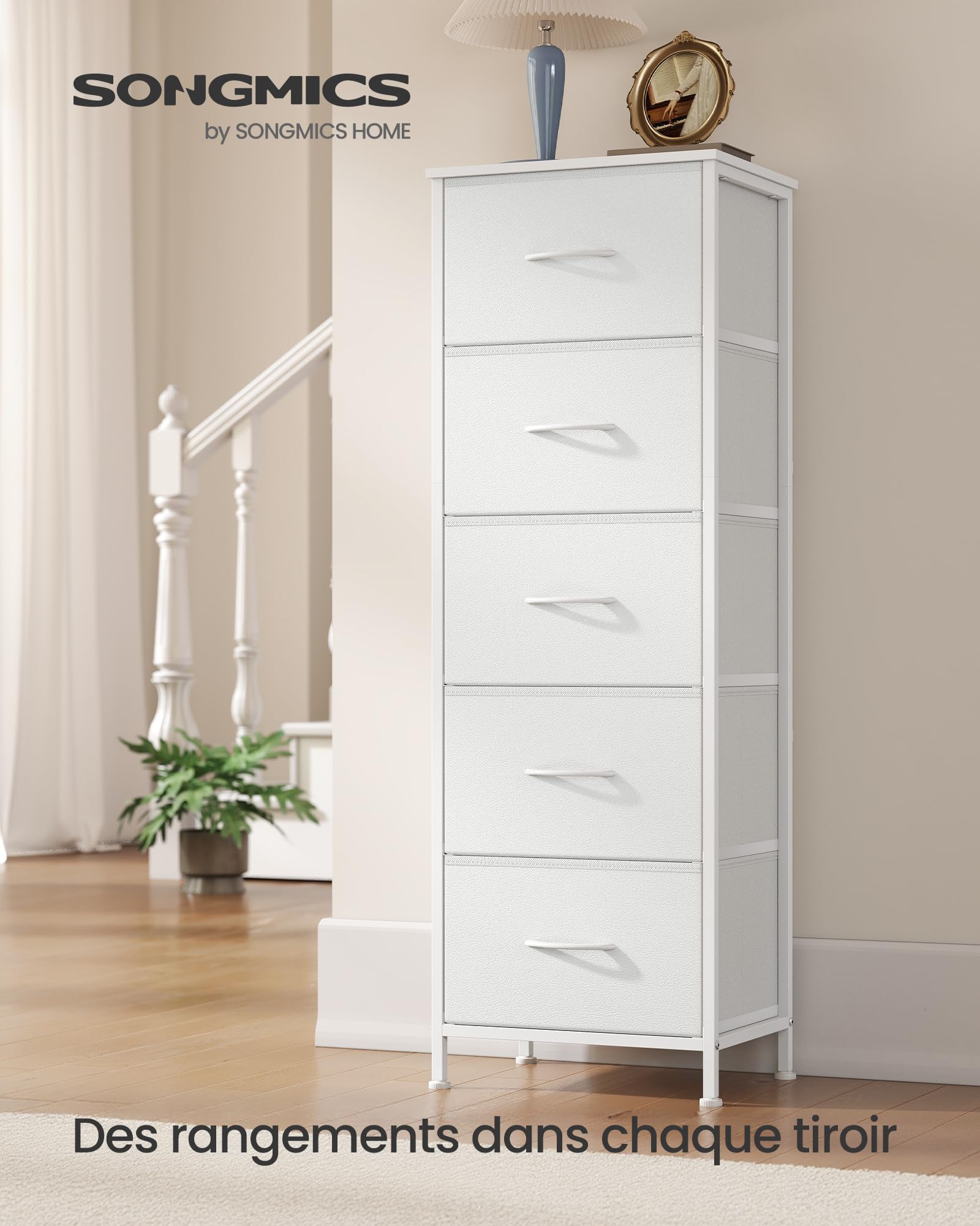 SONGMICS BELLAH Collection - Commode, Meuble de Rangement pour Chambre, Couloir, Entrée, Salon, Cadre en Acier, 5 Tiroirs, Style Moderne, Blanc Nuage et Blanc Neige LGS315WH01