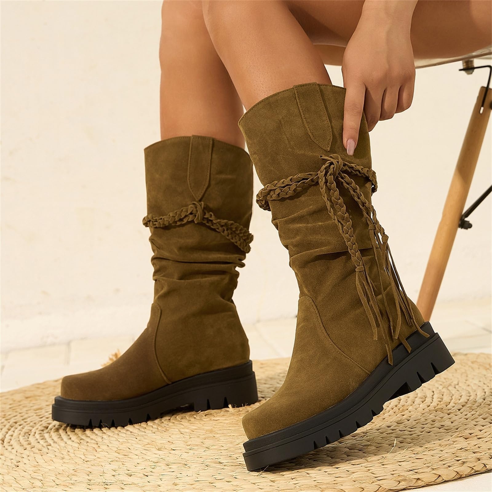 Damskie buty Fringe Western Mid Vitello Slip On Cuneo Buty śnieżne Platforma Długie drzewo Camomile